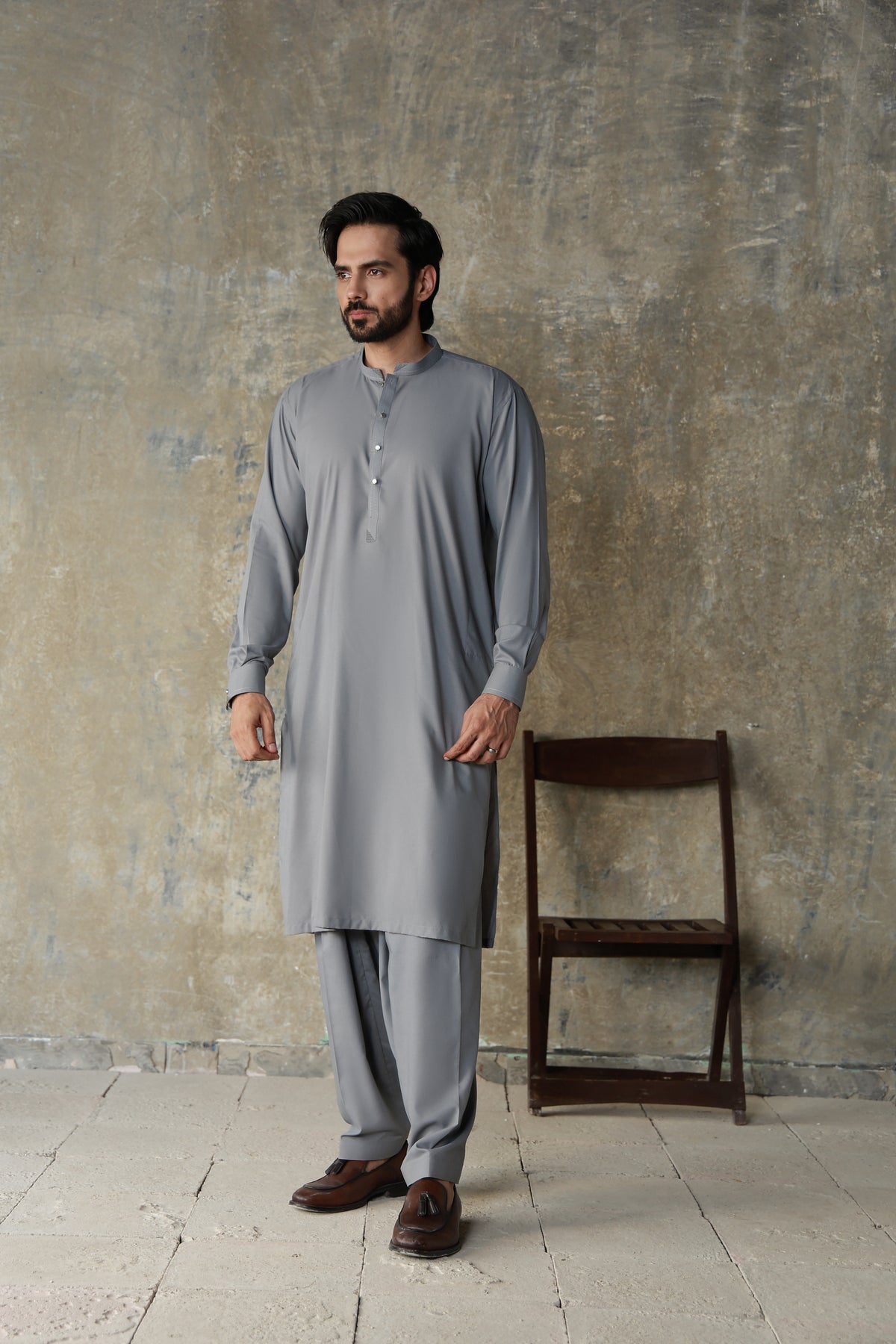 STEEL GREY PREMIUM DRAPE FABRIC KURTA SHALWAR