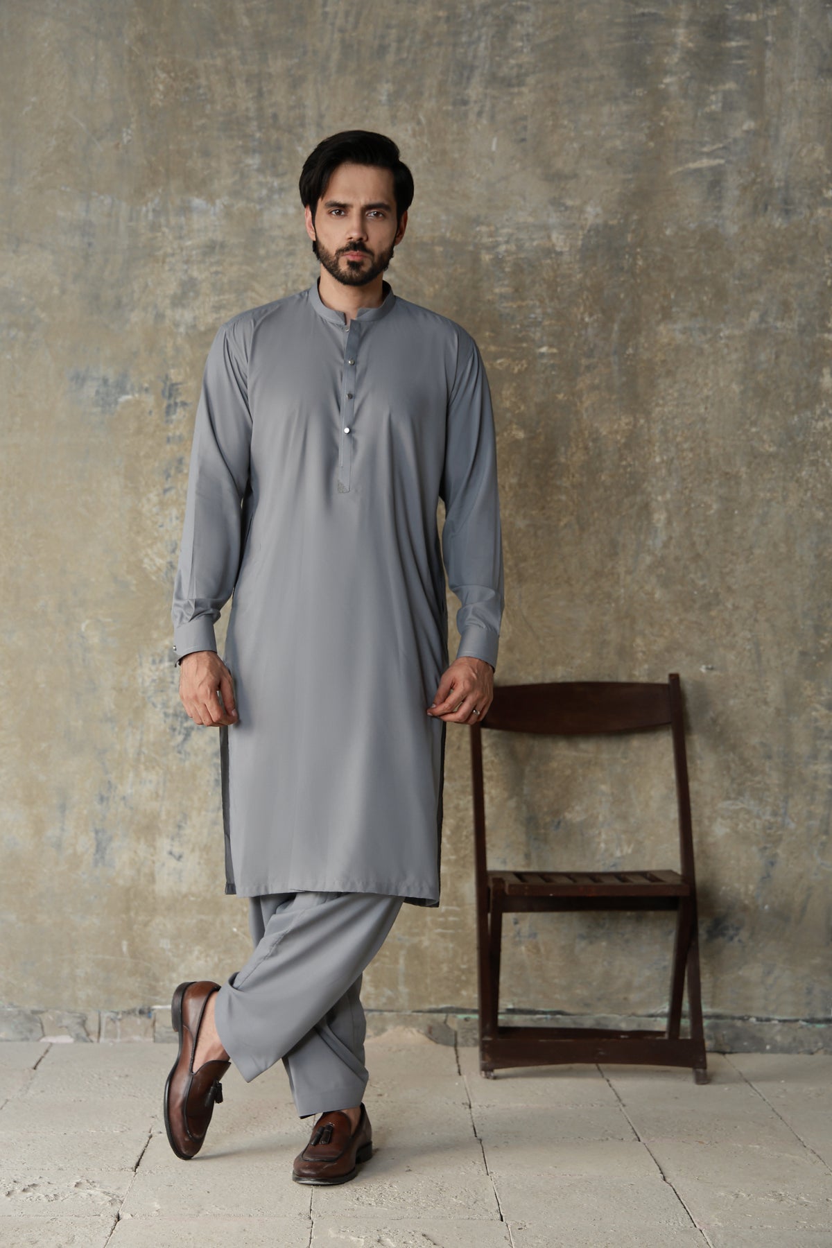 STEEL GREY PREMIUM DRAPE FABRIC KURTA SHALWAR
