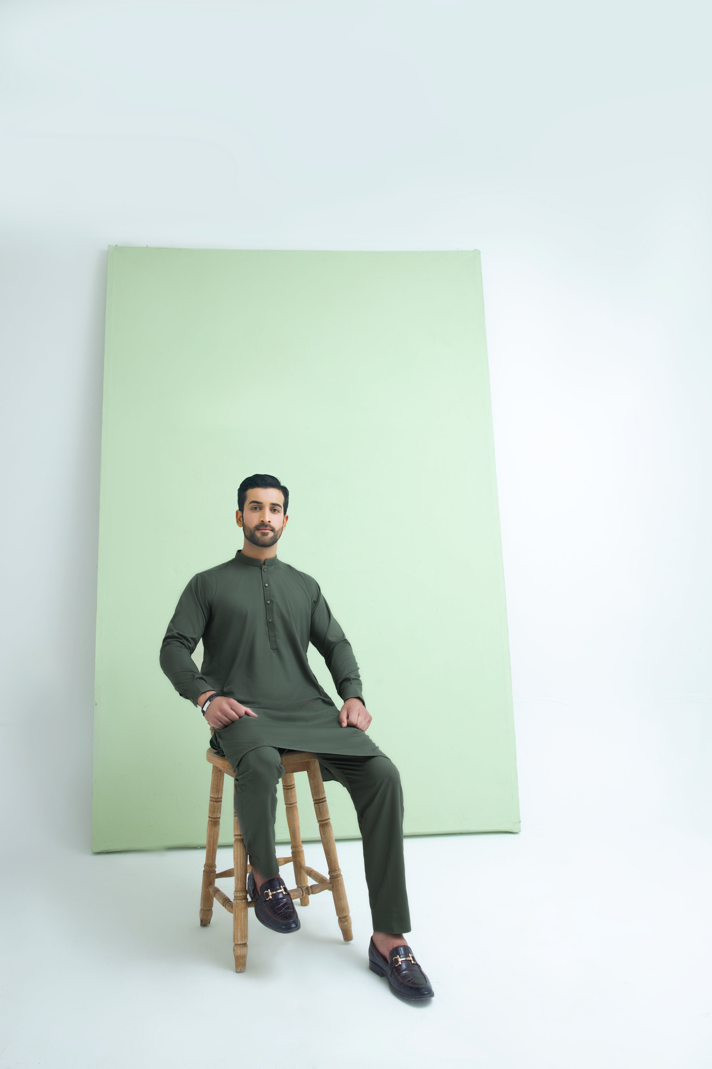 WASH N WEAR FABRIC KURTA PYJAMA OLIVE 25019