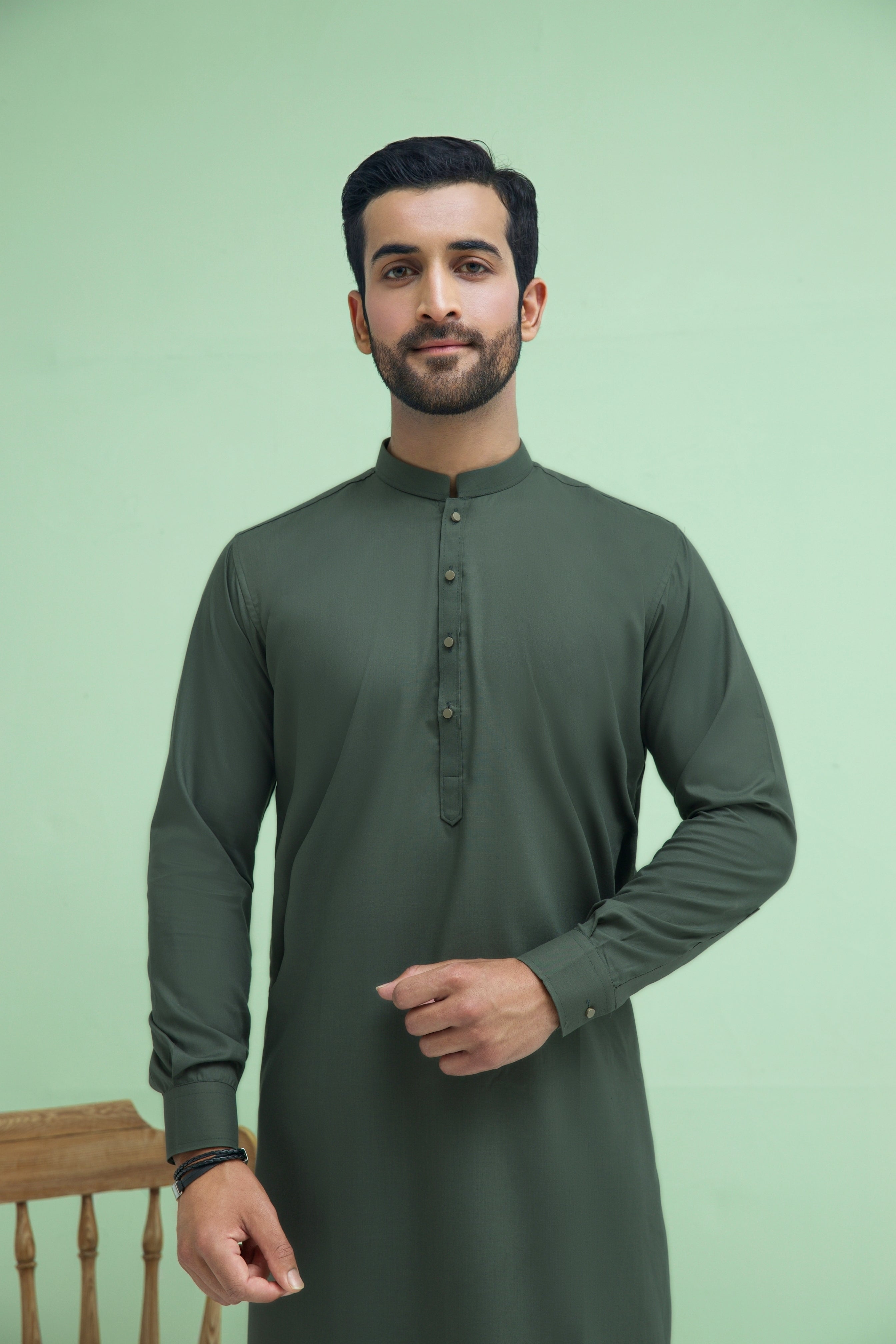 WASH N WEAR FABRIC KURTA PYJAMA OLIVE 25019