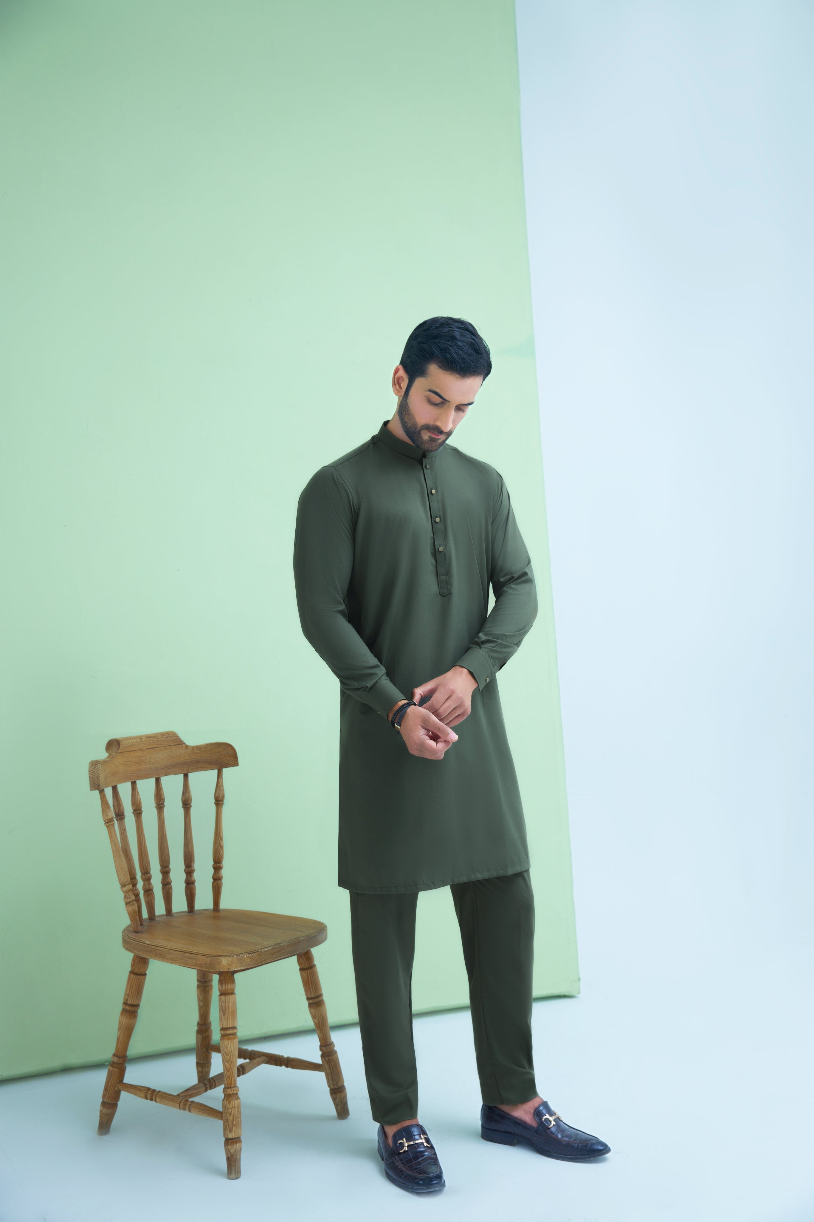 WASH N WEAR FABRIC KURTA PYJAMA OLIVE 25019
