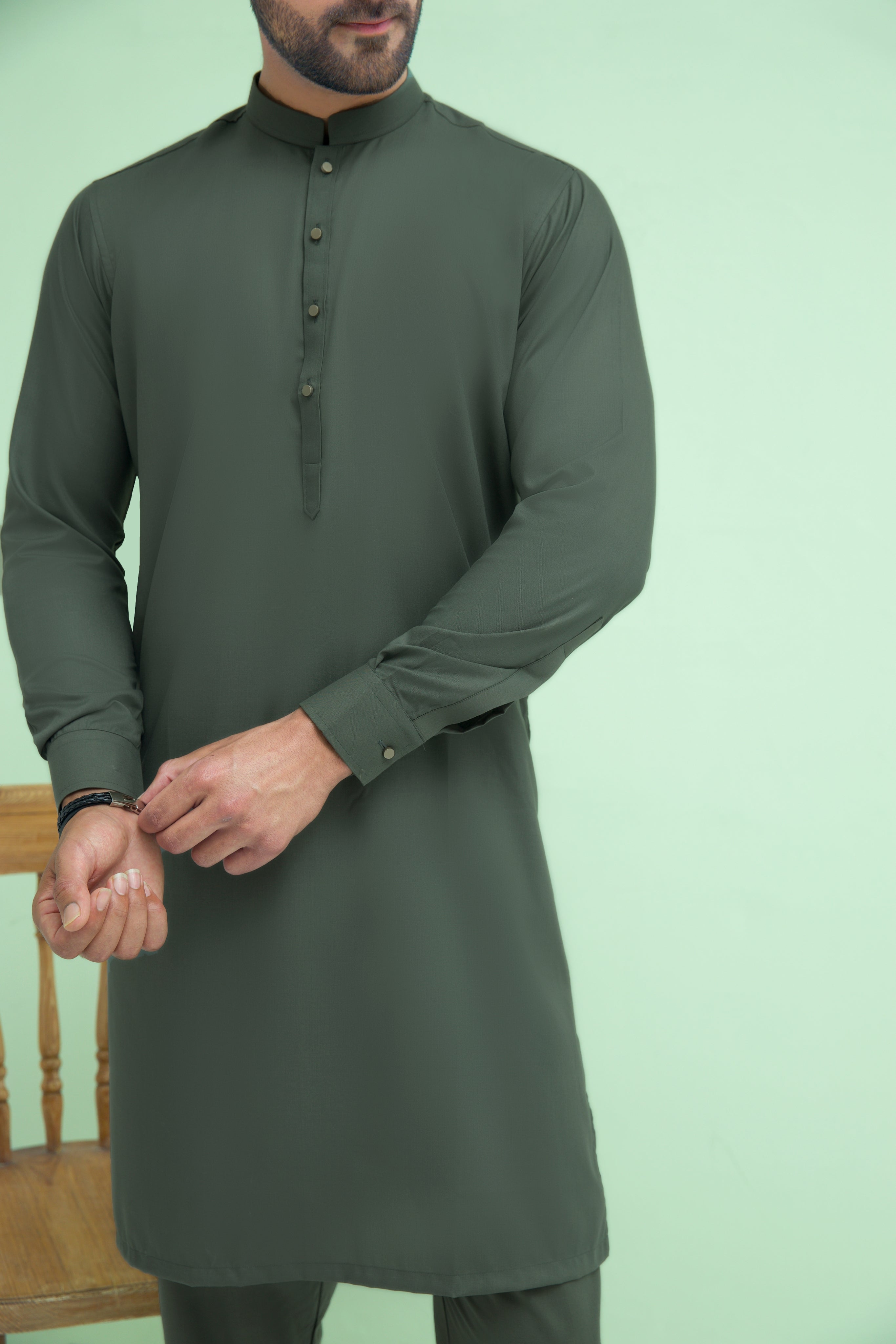 WASH N WEAR FABRIC KURTA PYJAMA OLIVE 25019