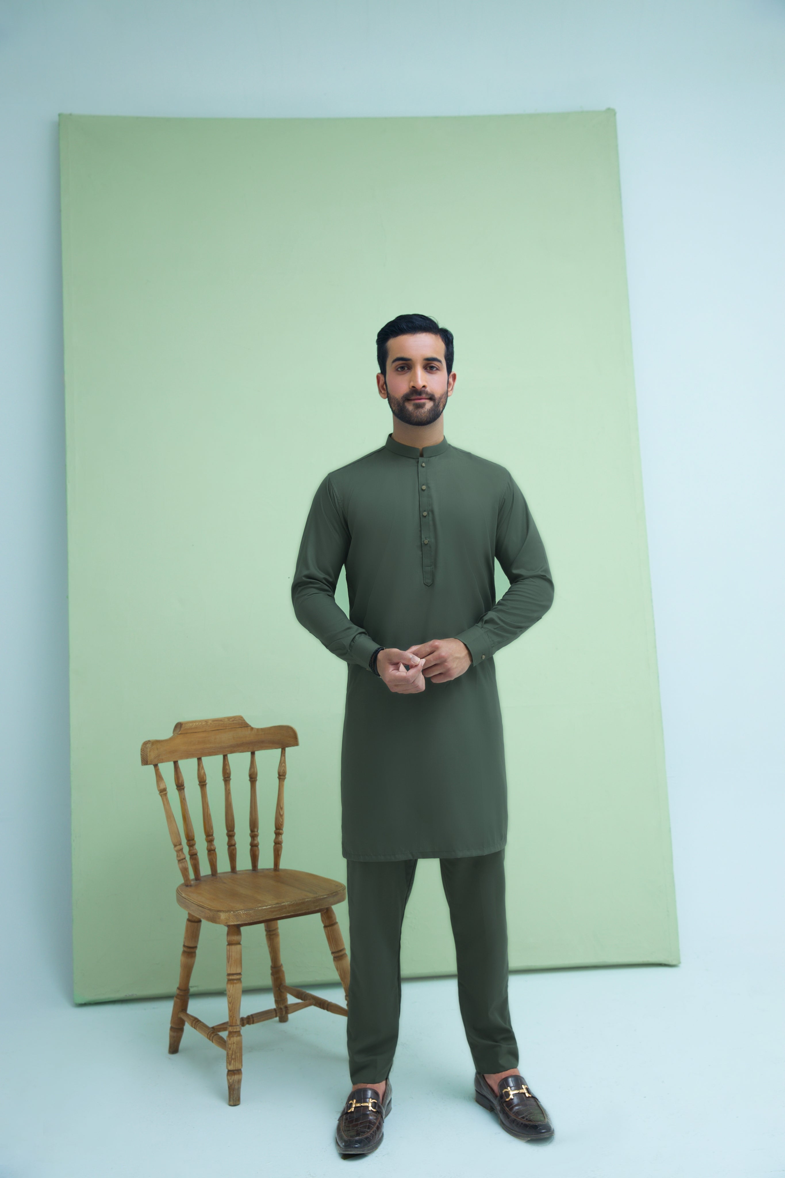 WASH N WEAR FABRIC KURTA PYJAMA OLIVE 25019