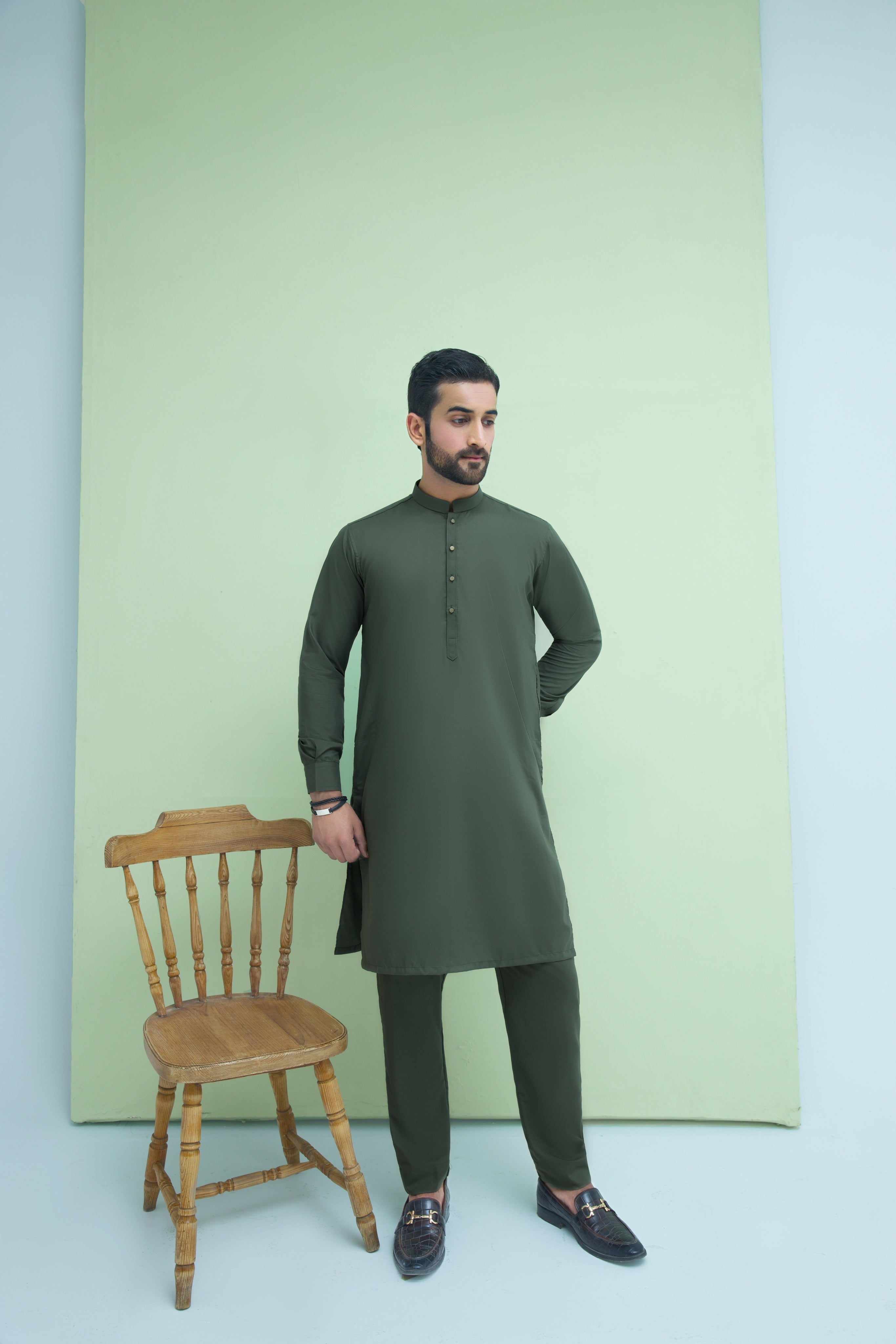 WASH N WEAR FABRIC KURTA PYJAMA OLIVE 25019