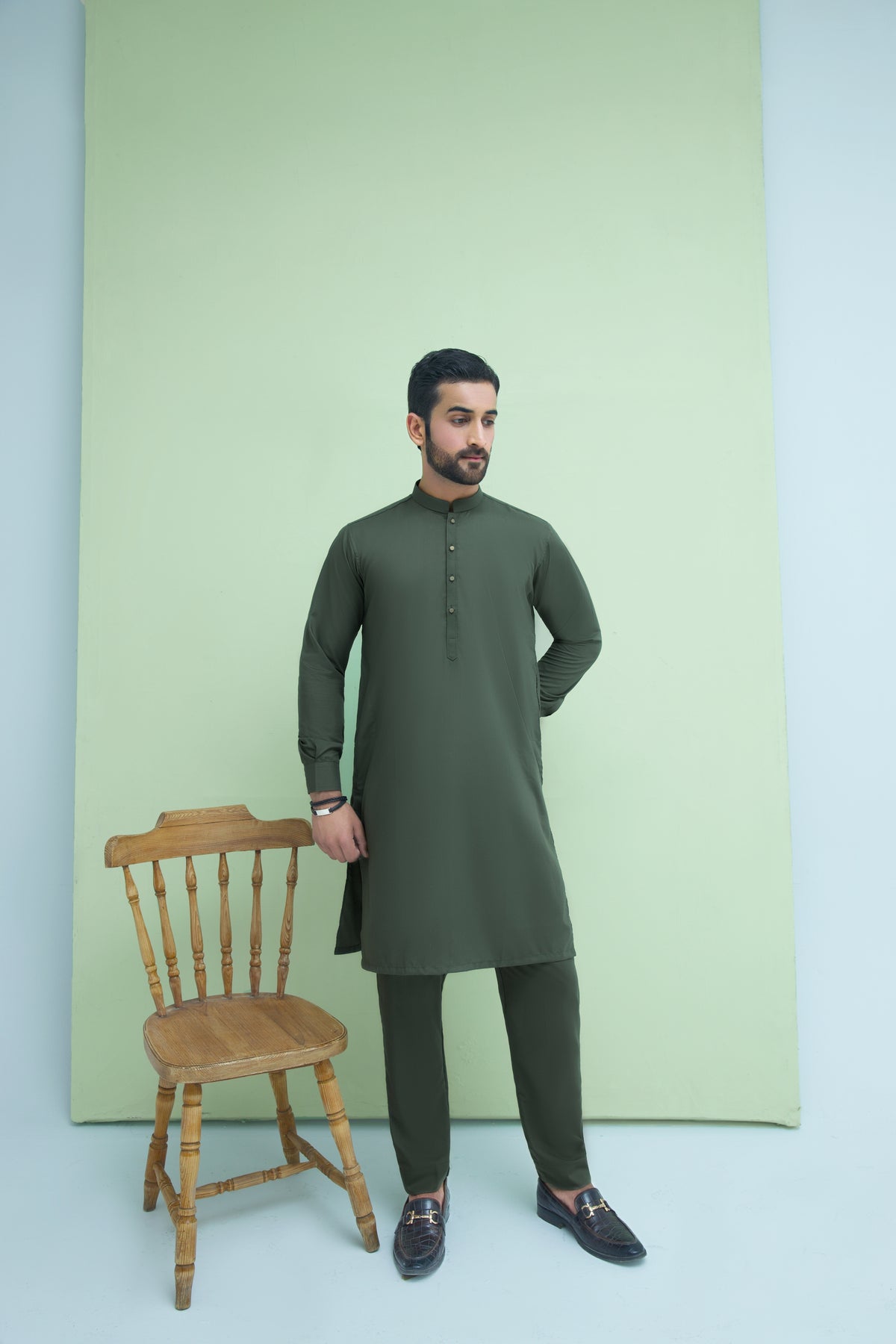 WASH N WEAR FABRIC KURTA PYJAMA OLIVE 25019