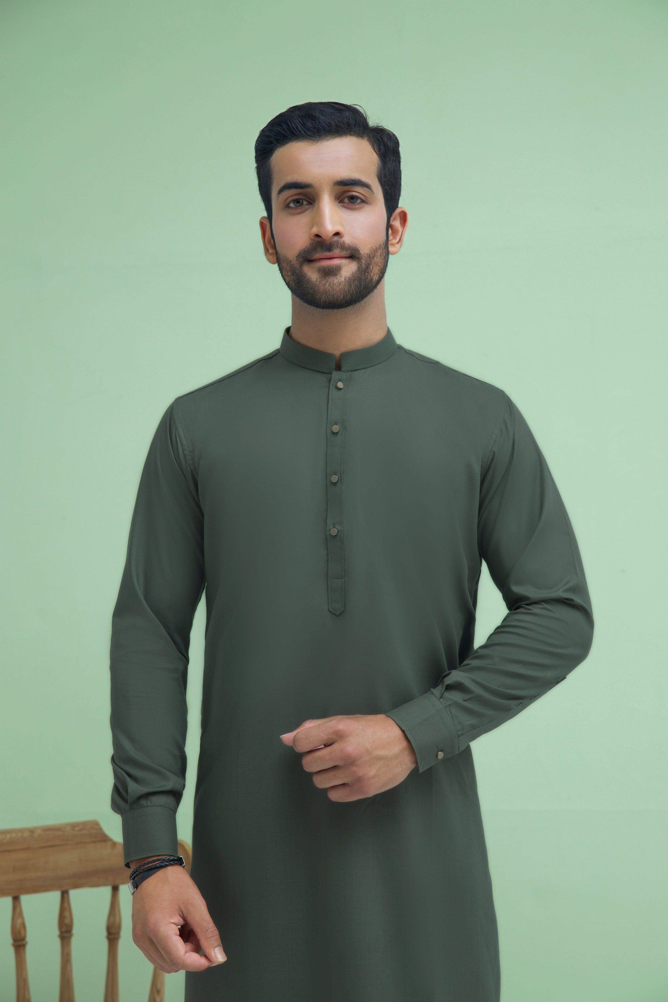 WASH N WEAR FABRIC KURTA PYJAMA OLIVE 25019