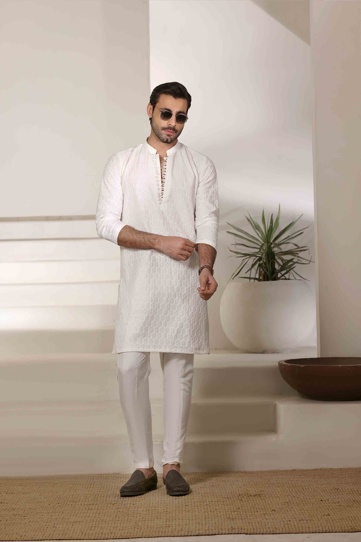 Staple Embroidered Loops Button Kurta Pyjama White 26006