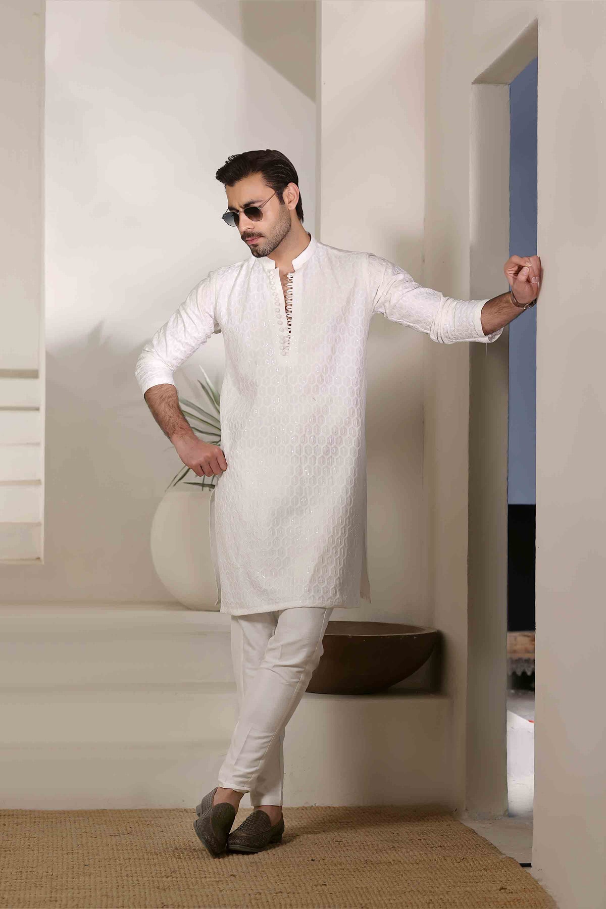 Staple Embroidered Loops Button Kurta Pyjama White 26006