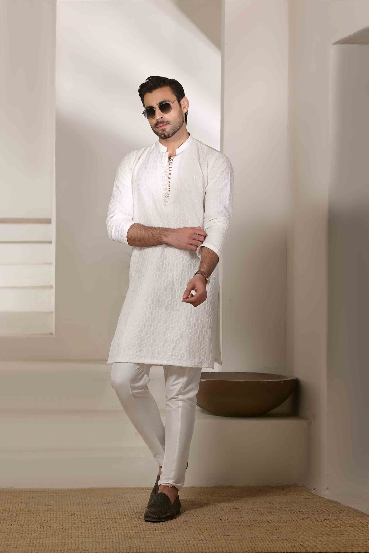 Staple Embroidered Loops Button Kurta Pyjama White 26006