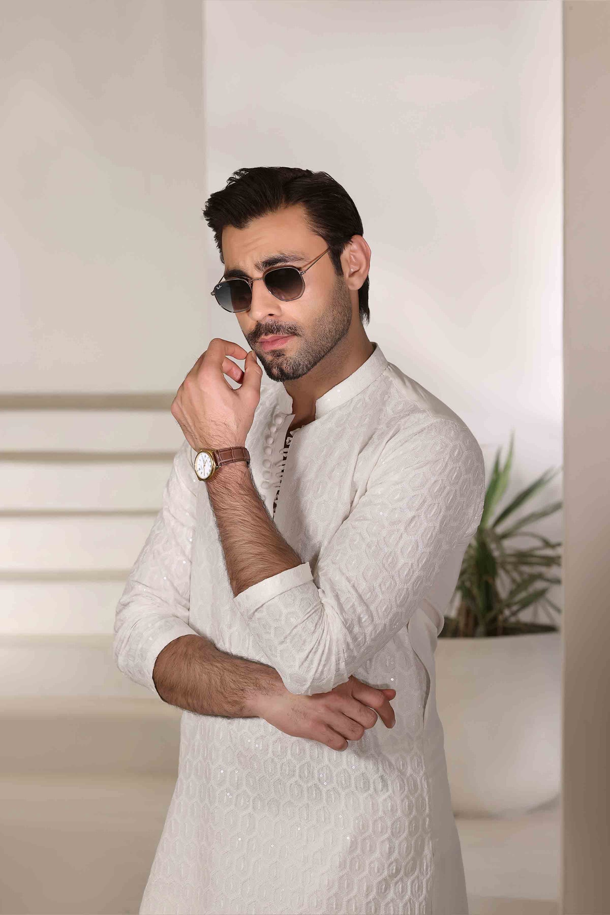 Staple Embroidered Loops Button Kurta Pyjama White 26006