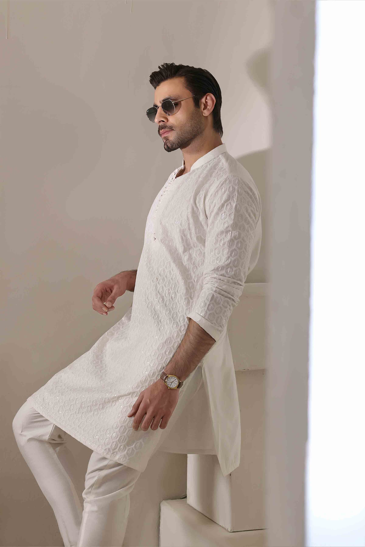Staple Embroidered Loops Button Kurta Pyjama White 26006