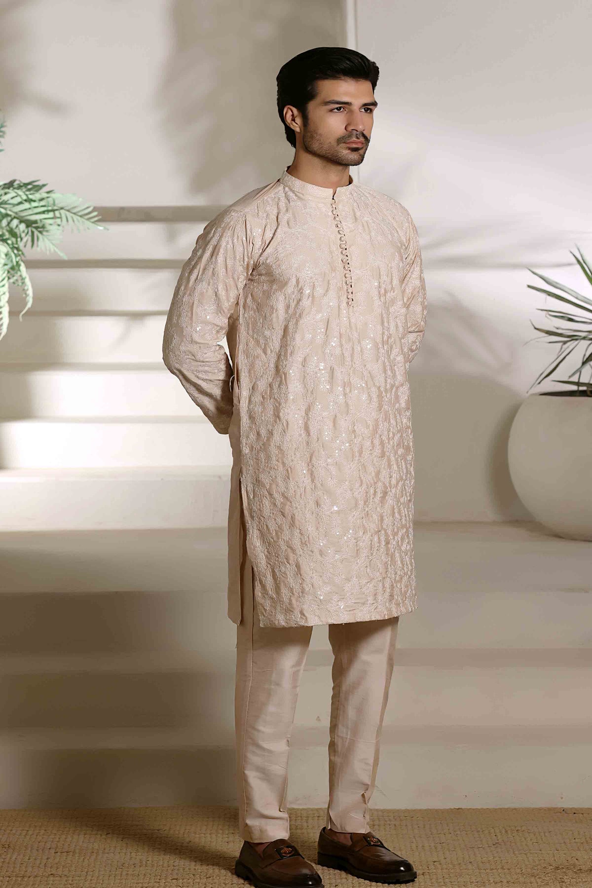 Staple Embroidered Loops Button Kurta Pyjama Champegne 26006