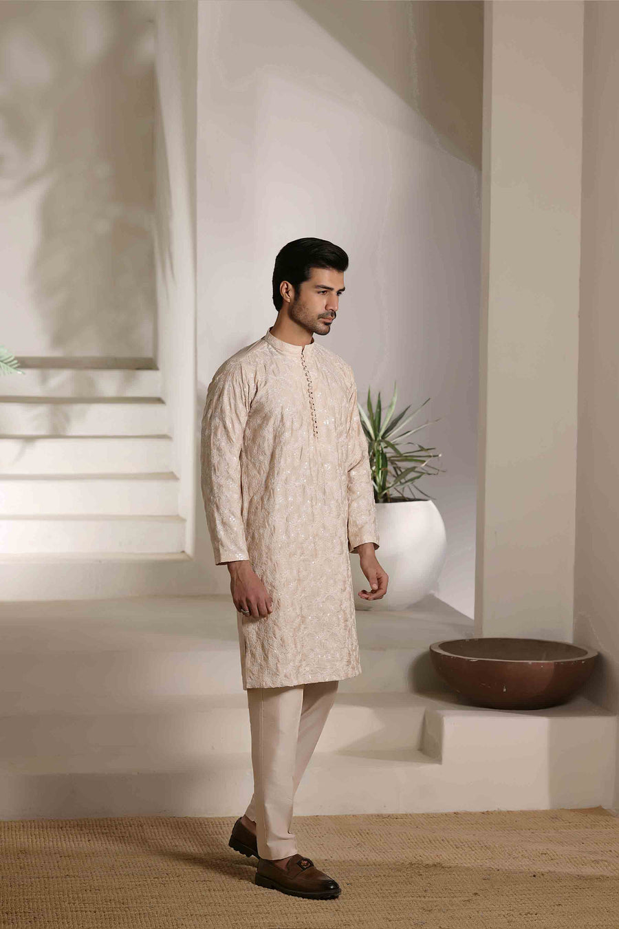Staple Embroidered Loops Button Kurta Pyjama Champegne 26006