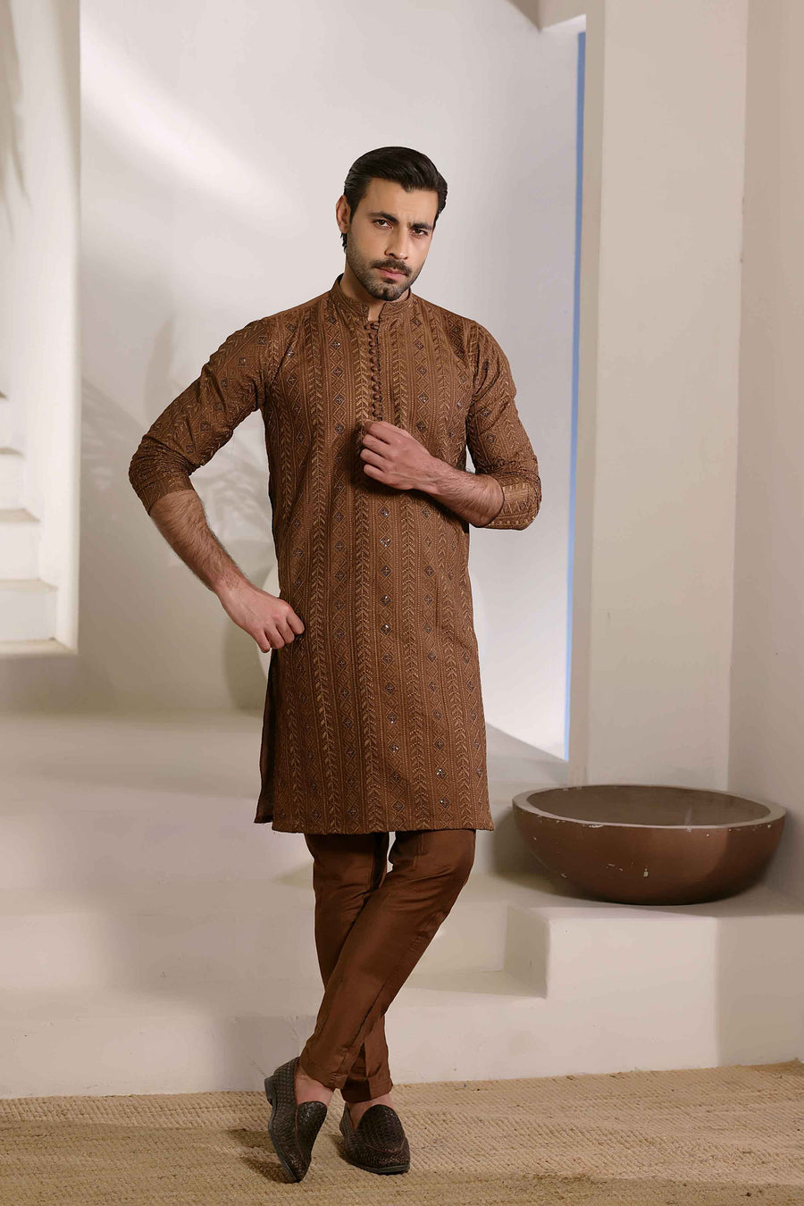 Staple Embroidered Loops Button Kurta Pyjama 26006 Brown