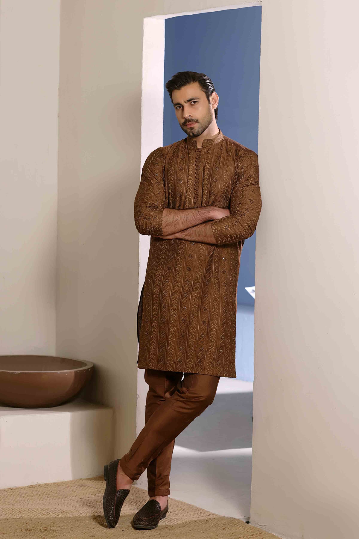 Staple Embroidered Loops Button Kurta Pyjama 26006 Brown