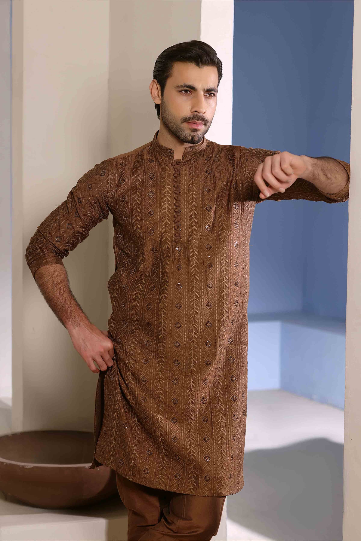 Staple Embroidered Loops Button Kurta Pyjama 26006 Brown