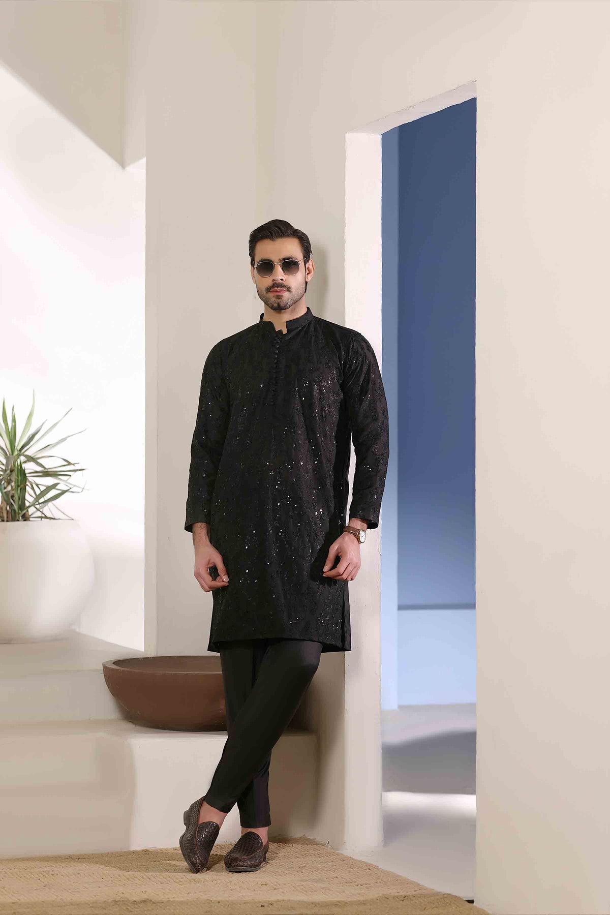 Staple Embroidered Loops Button Kurta Pyjama Black 26006