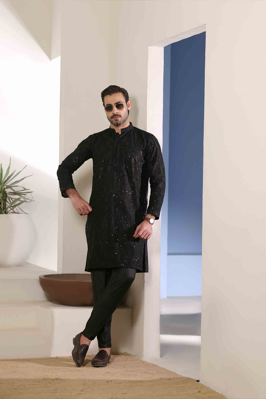Staple Embroidered Loops Button Kurta Pyjama Black 26006