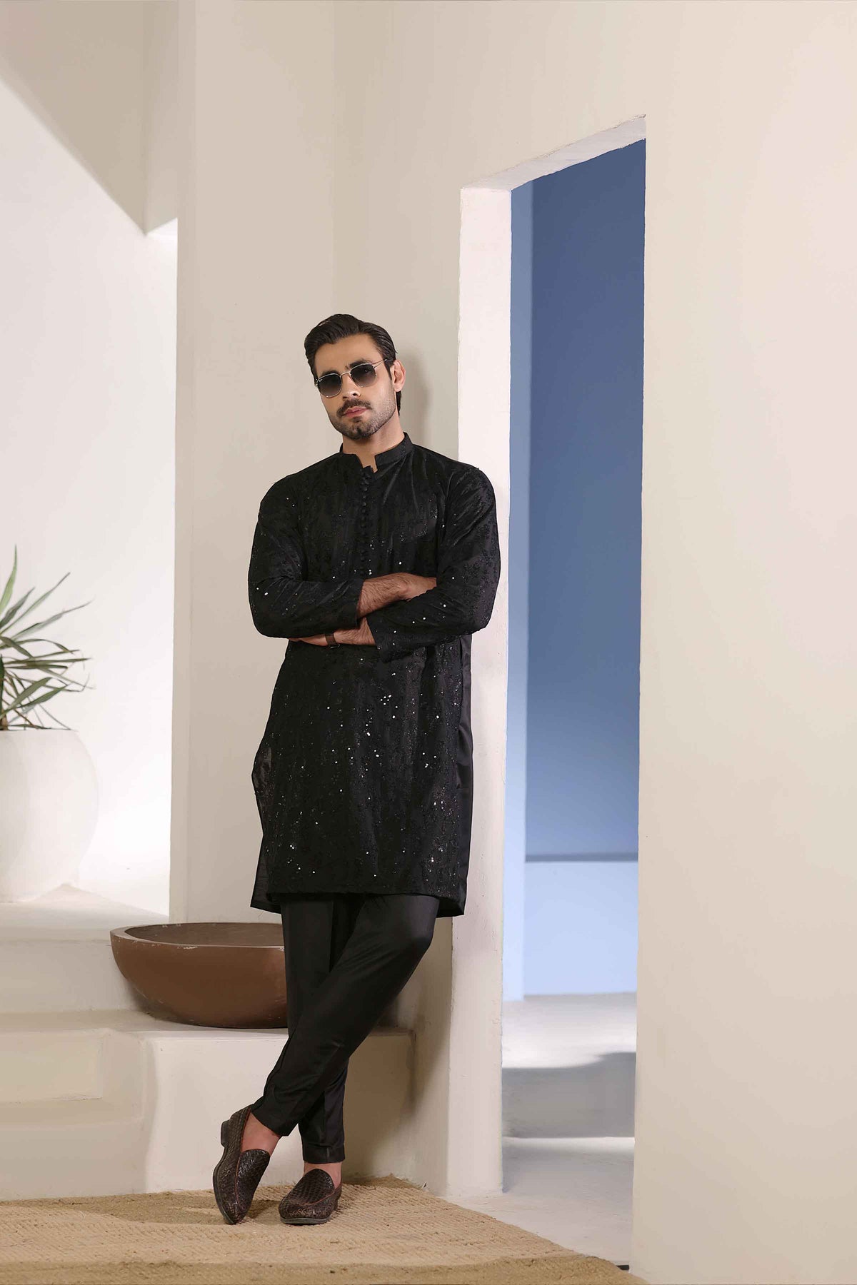 Staple Embroidered Loops Button Kurta Pyjama Black 26006