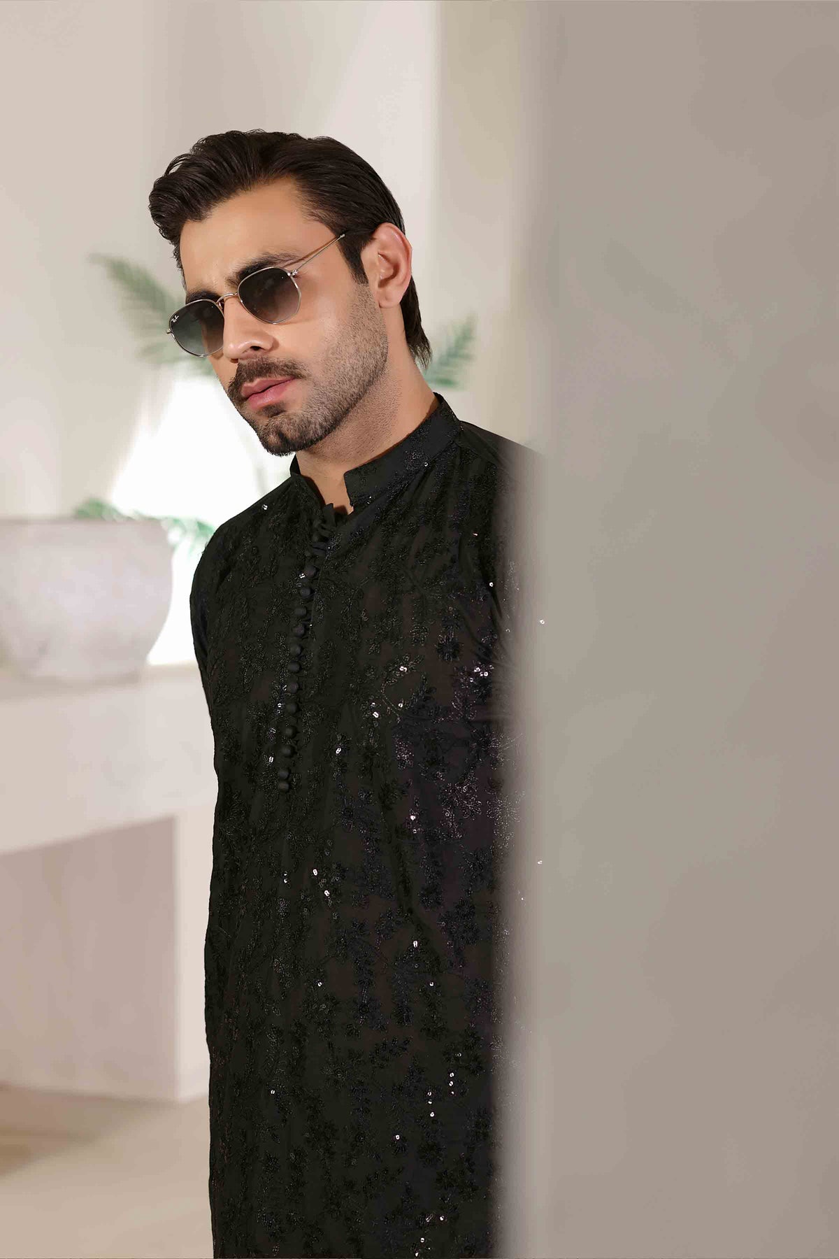 Staple Embroidered Loops Button Kurta Pyjama Black 26006