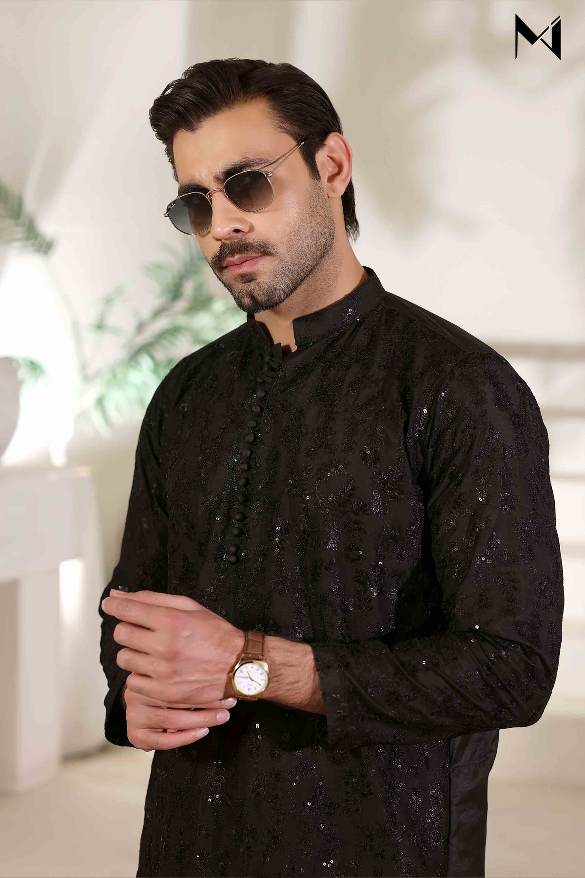 Staple Embroidered Loops Button Kurta Pyjama Black 26006