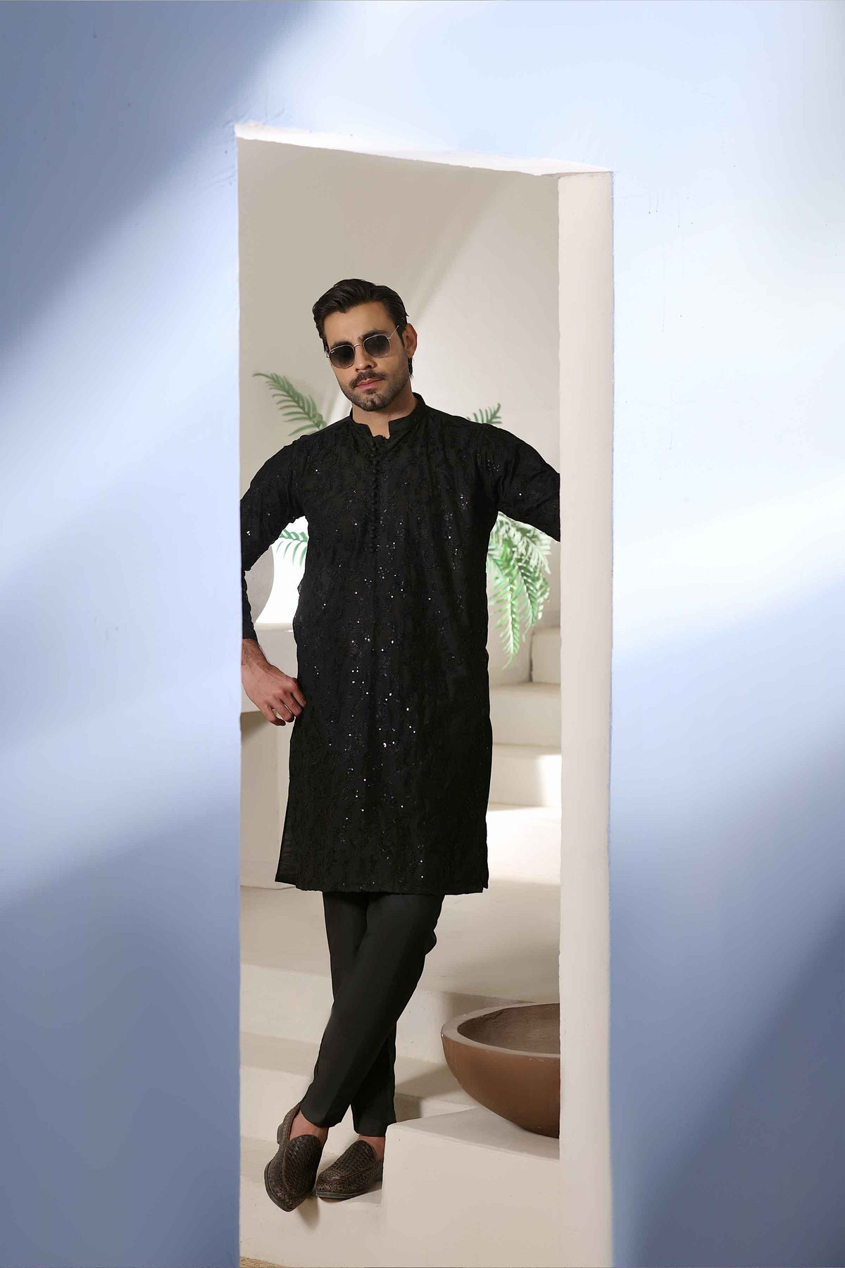Staple Embroidered Loops Button Kurta Pyjama Black 26006