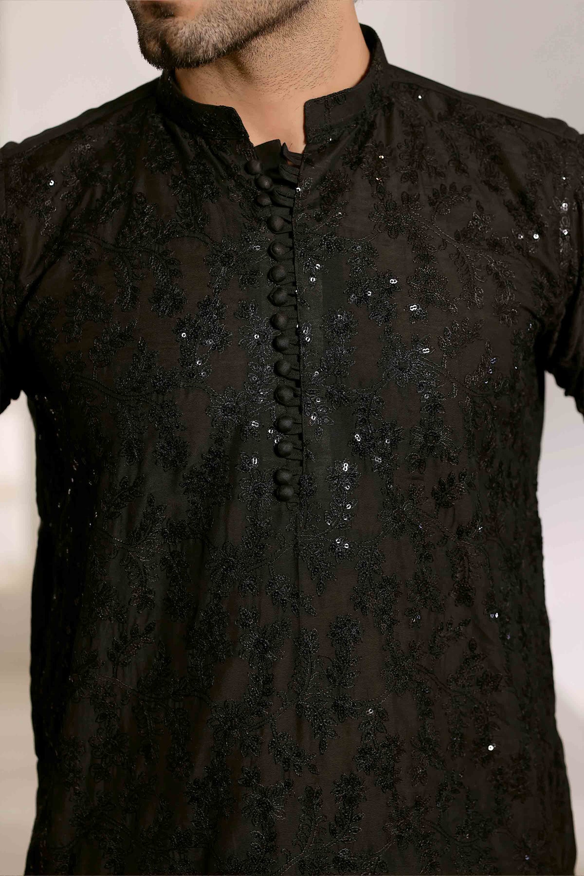 Staple Embroidered Loops Button Kurta Pyjama Black 26006