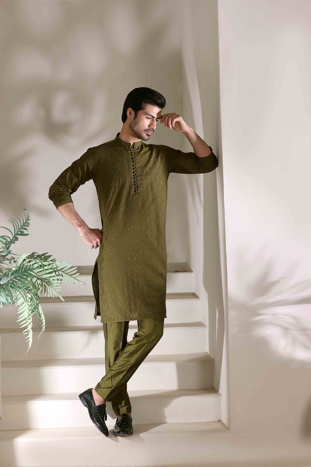Staple Embroidered Loops Button Kurta Pyjama Dhani Green 26006