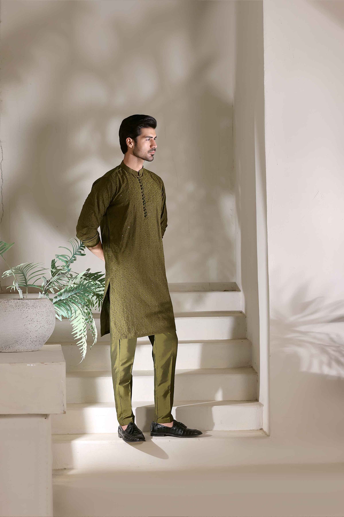 Staple Embroidered Loops Button Kurta Pyjama Dhani Green 26006