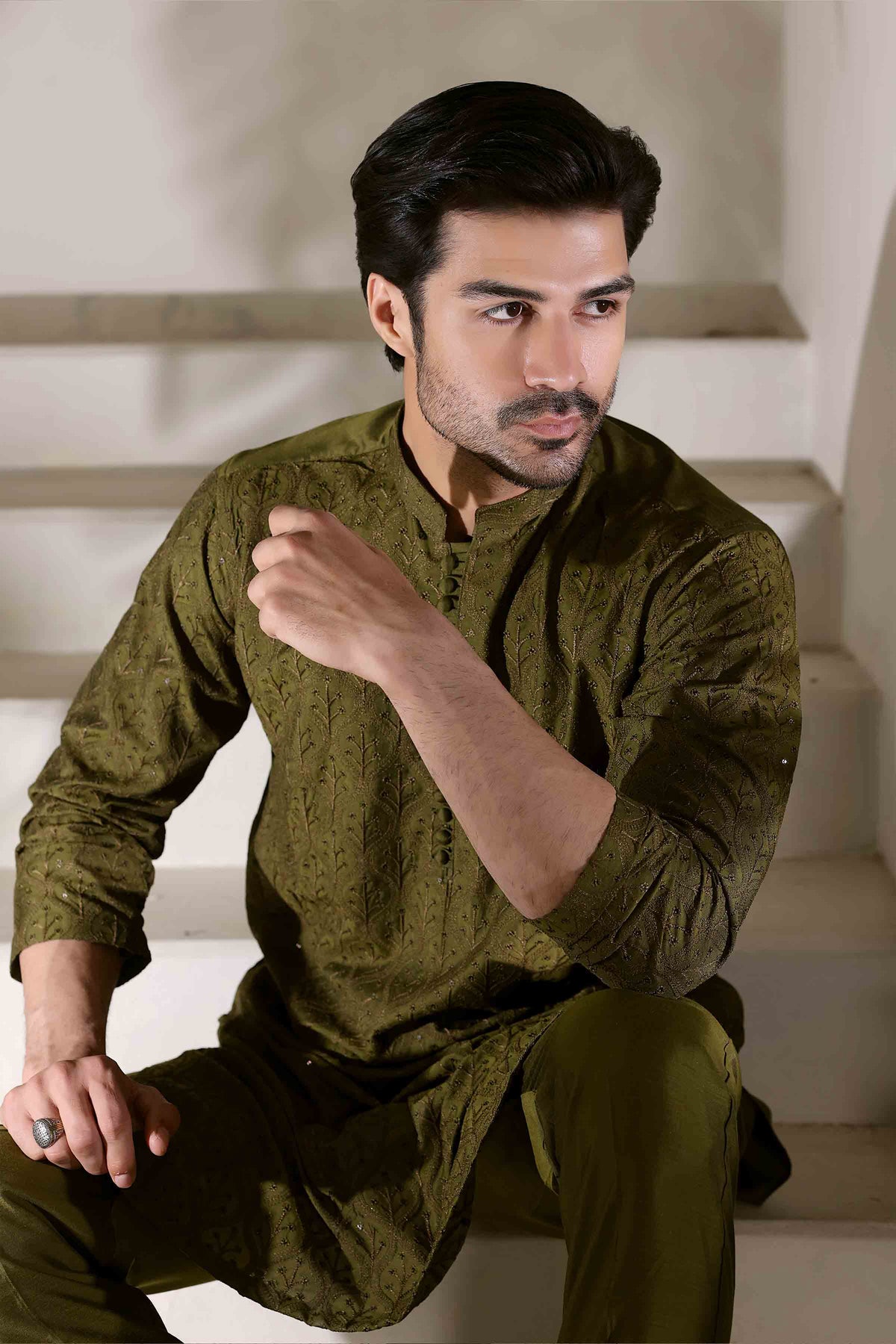 Staple Embroidered Loops Button Kurta Pyjama Dhani Green 26006