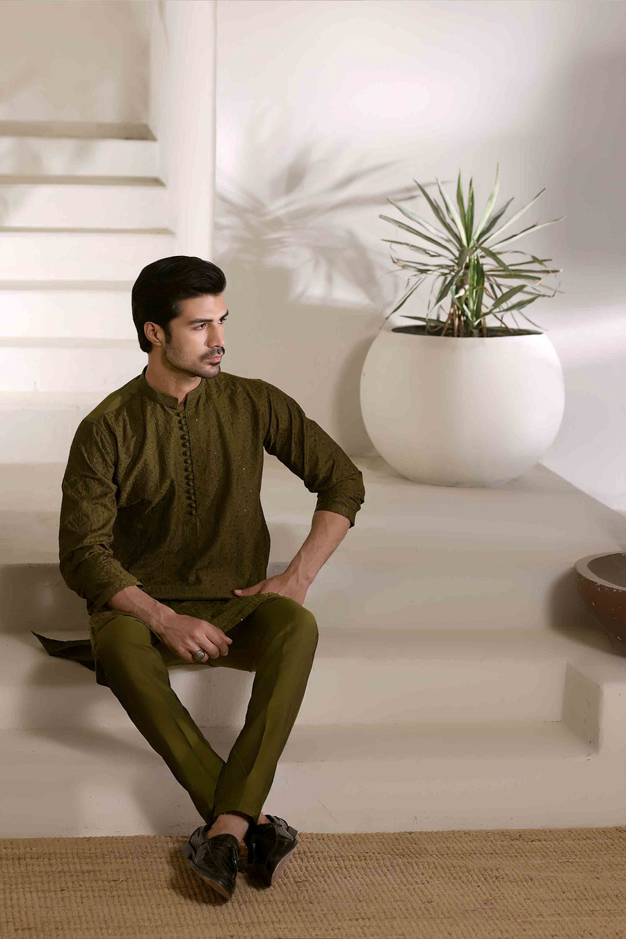 Staple Embroidered Loops Button Kurta Pyjama Dhani Green 26006