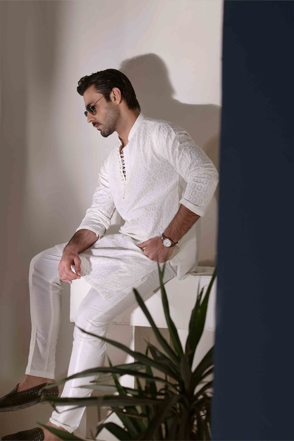 Staple Embroidered Loops Button Kurta Pyjama White 26006