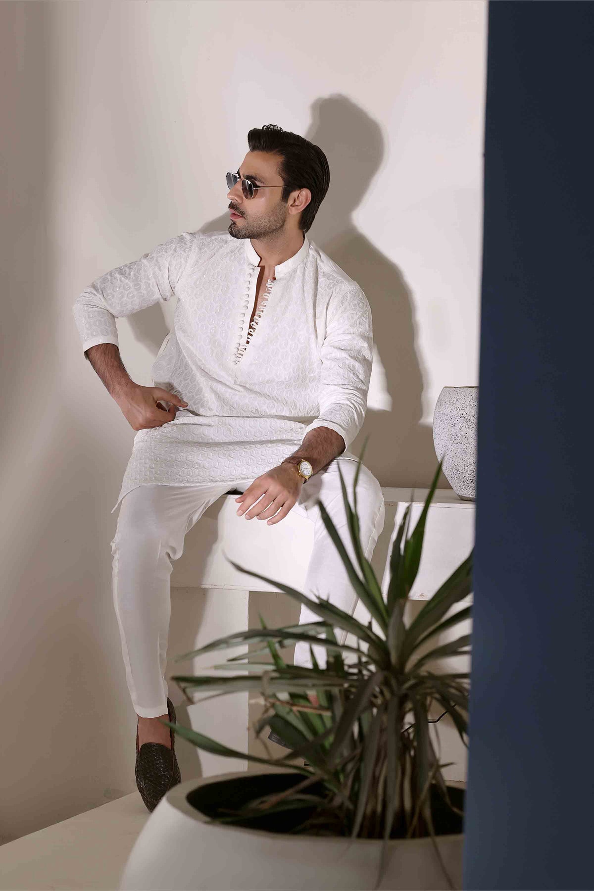 Staple Embroidered Loops Button Kurta Pyjama White 26006