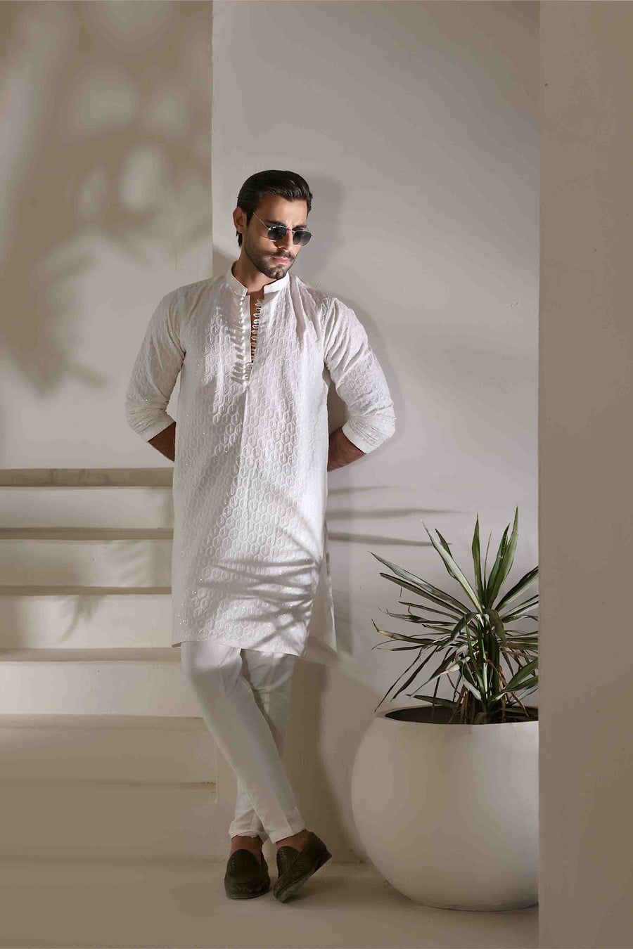 Staple Embroidered Loops Button Kurta Pyjama White 26006