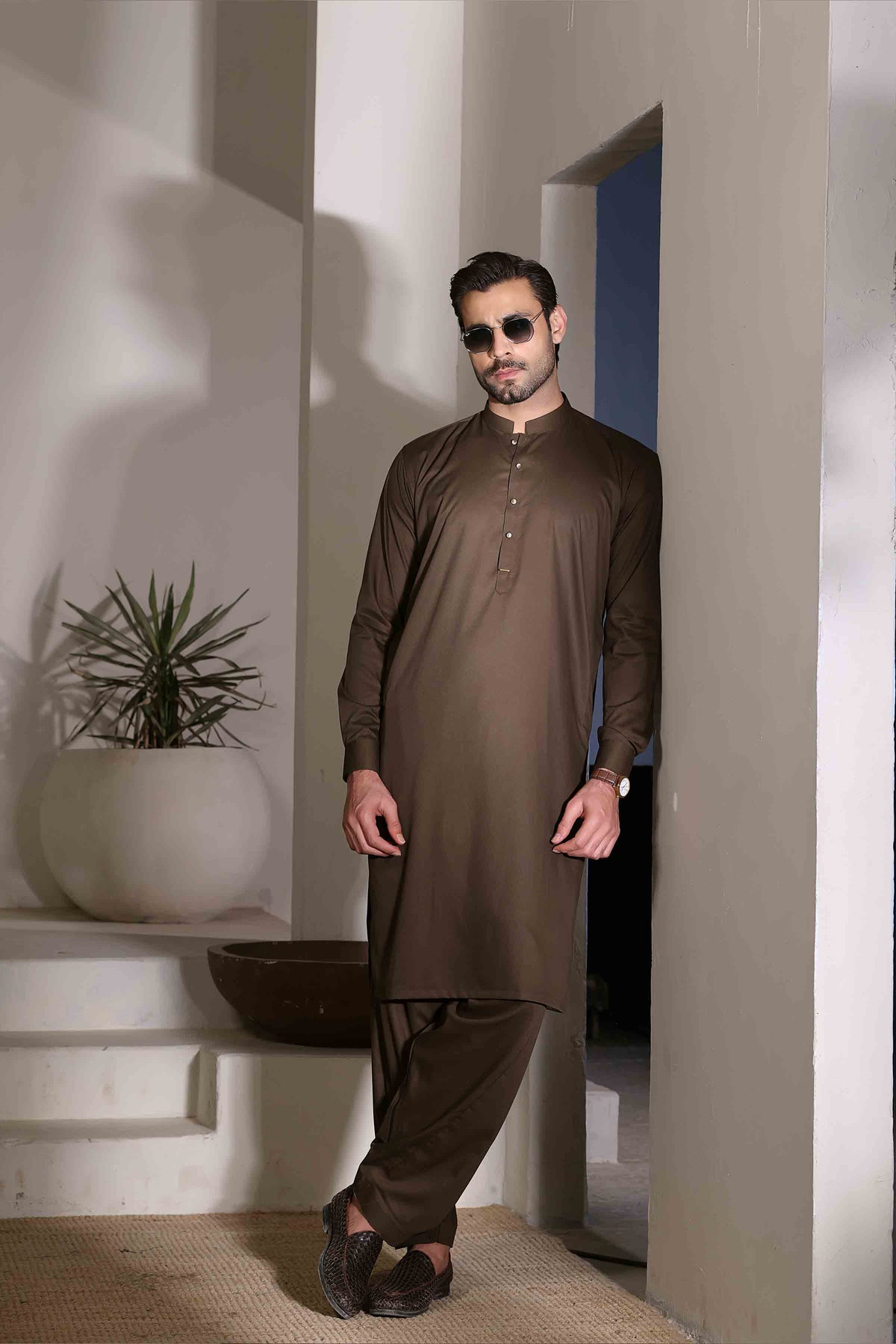 Premium Self Kurta Shalwar OLIVE 26007