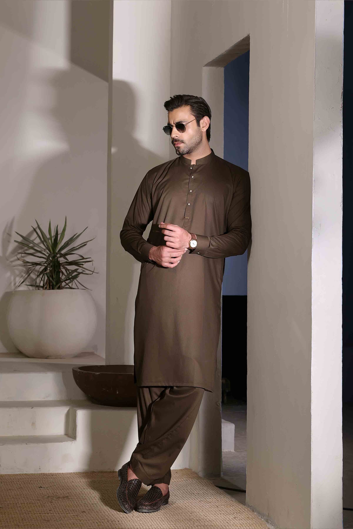 Premium Self Kurta Shalwar OLIVE 26007