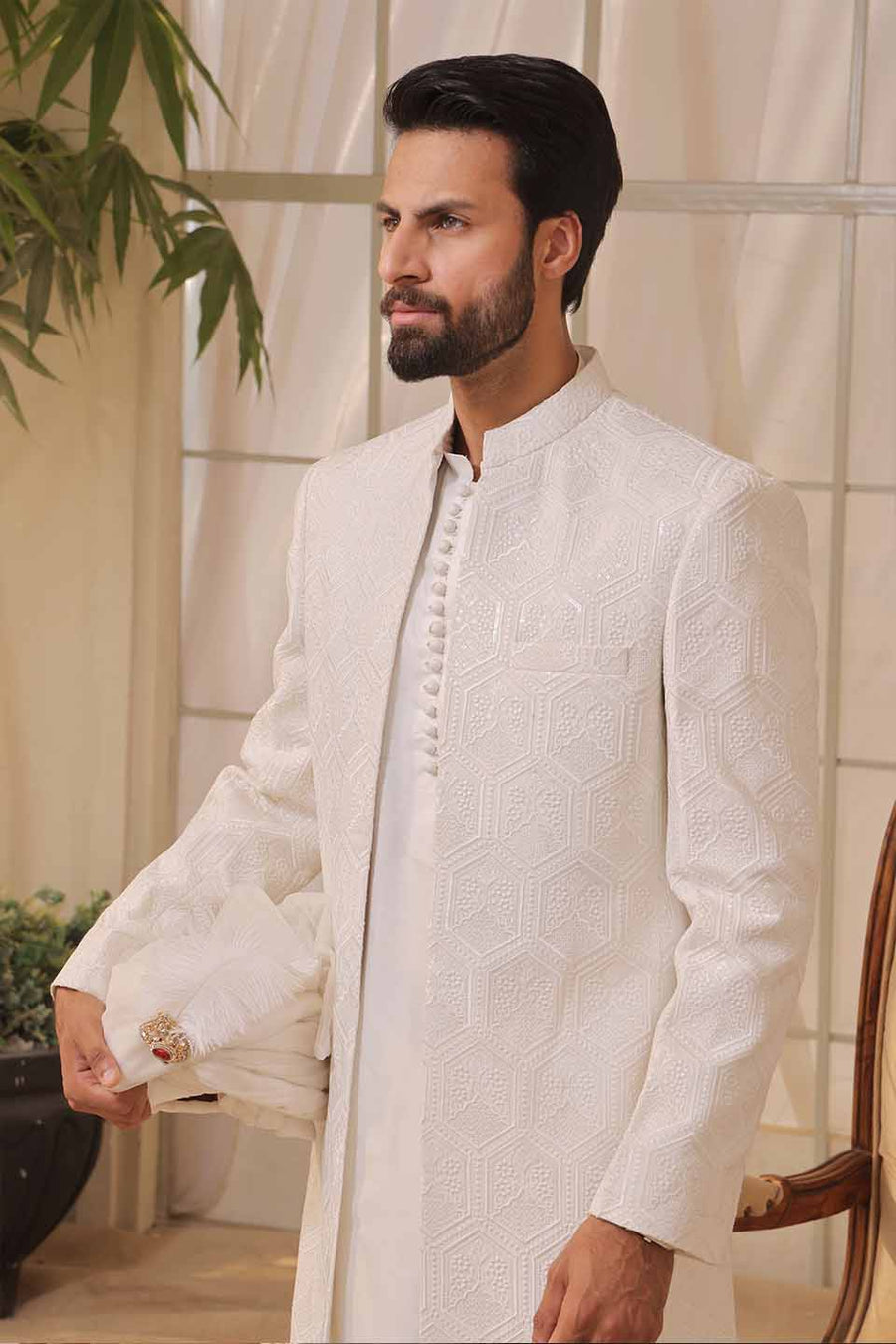 SLMN MESURI WITH SEQUENCE TOUCHING FRONT OPEN ALONG WITH KURTA /PYJAMA WHITE SLMN-OPEN