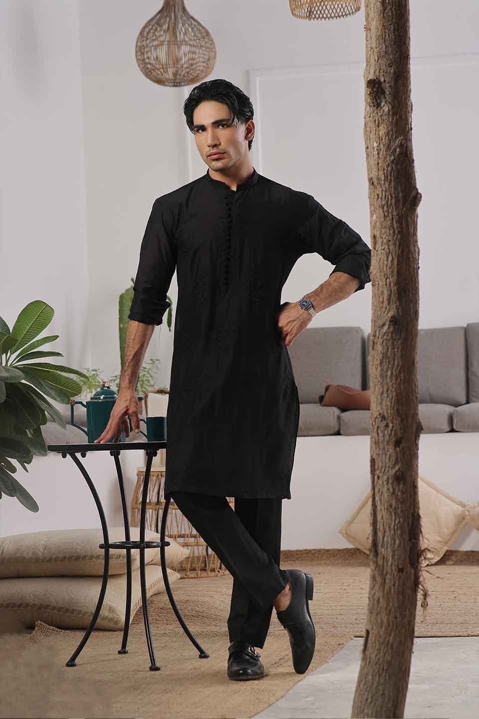 Kurta Pyjama with Prince Coat Combine Set Black