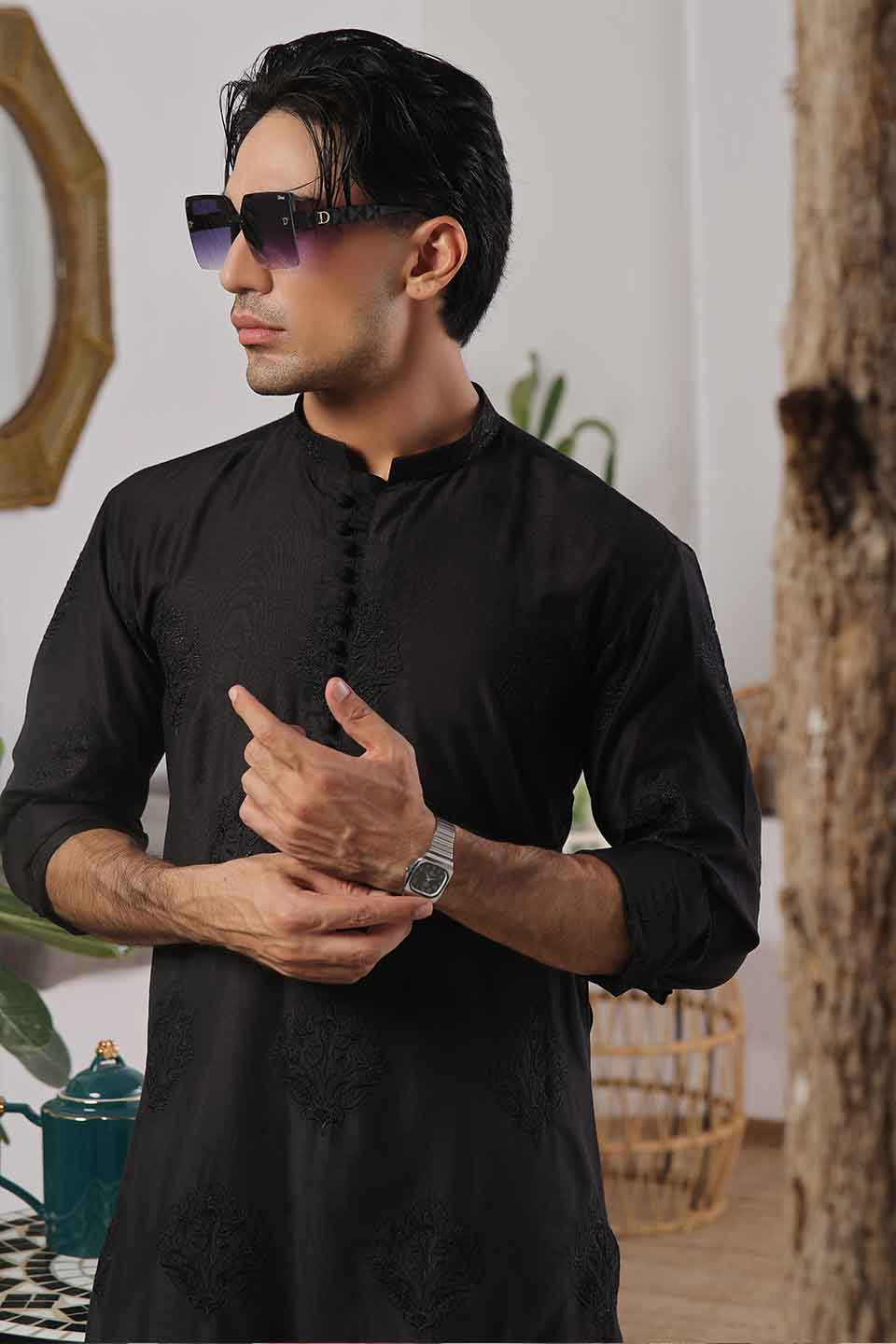 Kurta Pyjama with Prince Coat Combine Set Black