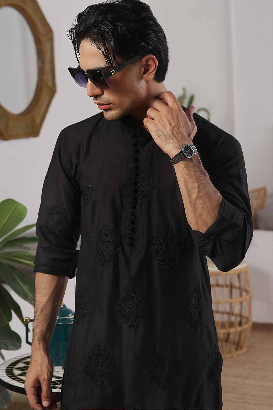 Kurta Pyjama with Prince Coat Combine Set Black