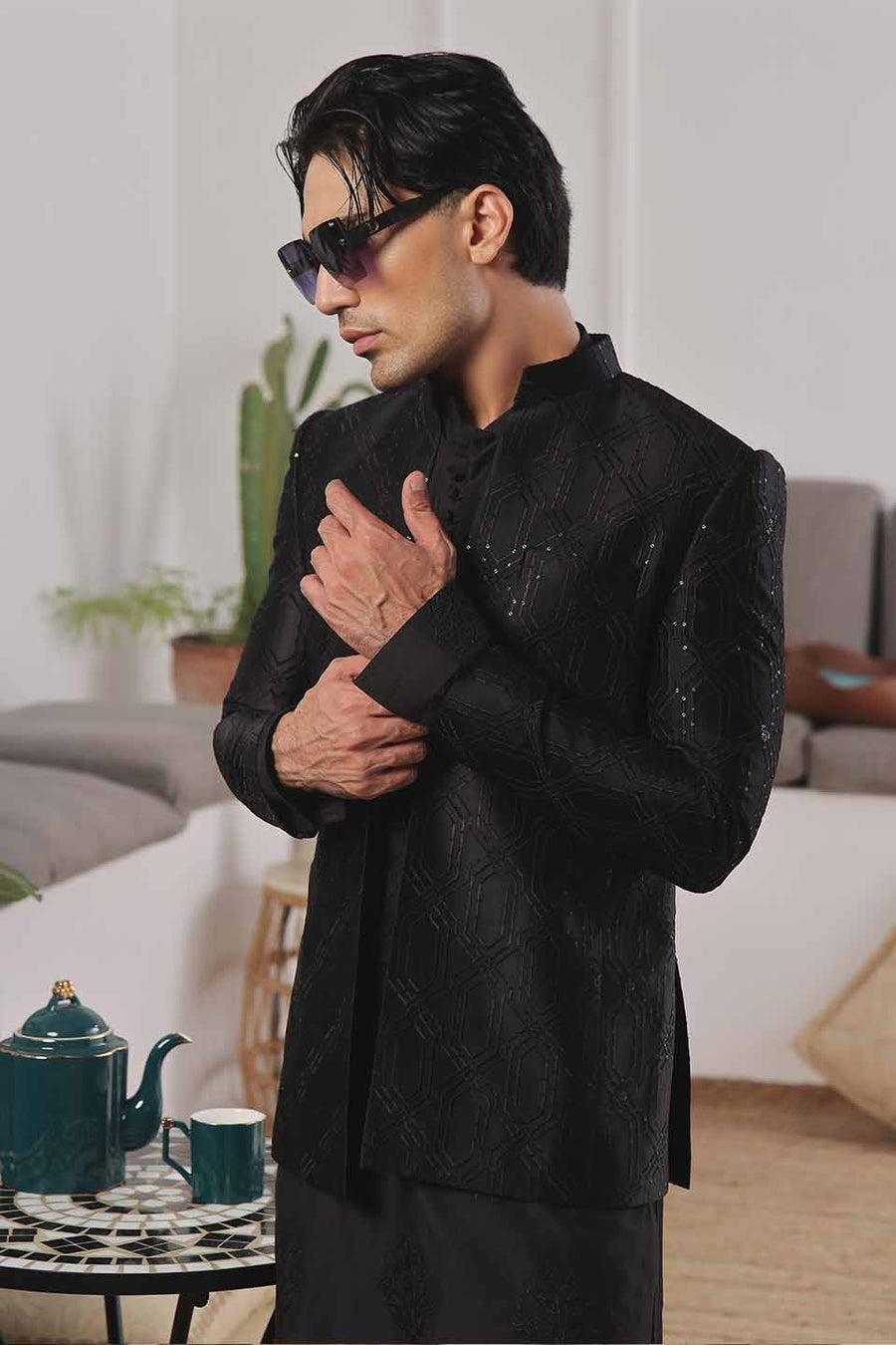 Kurta Pyjama with Prince Coat Combine Set Black