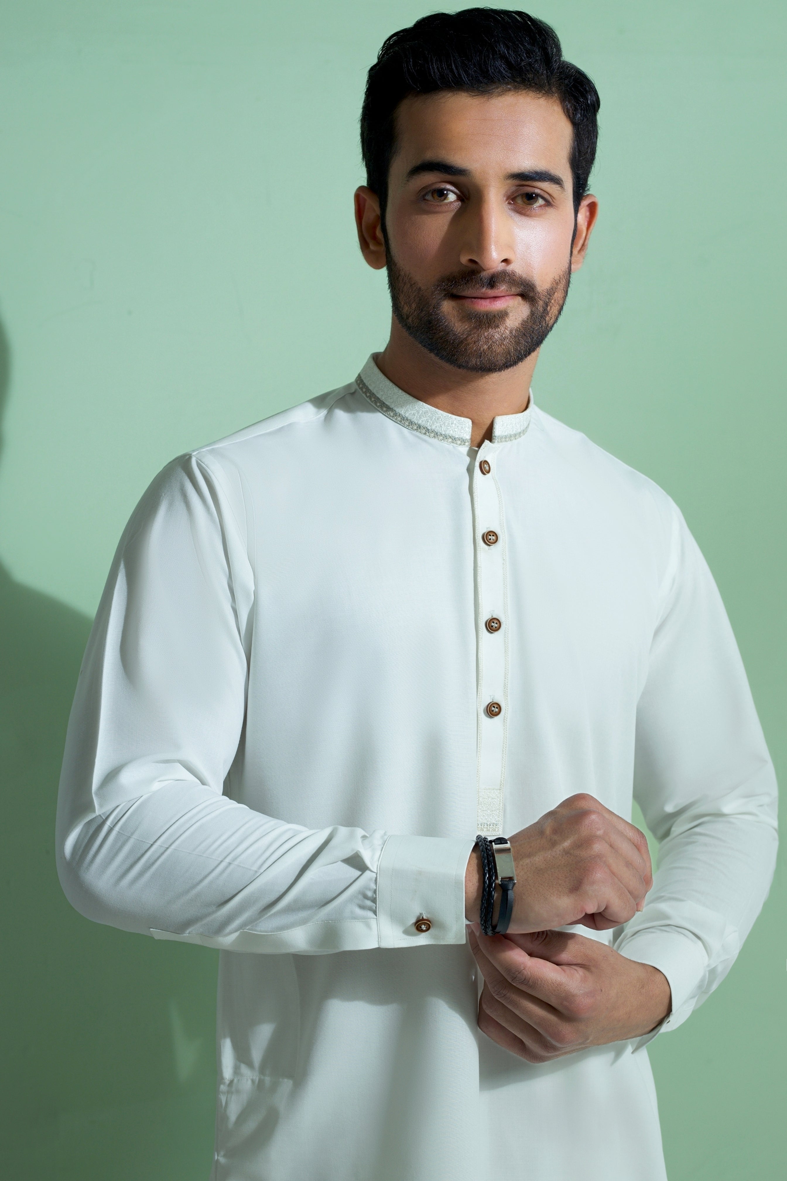 WASH N WEAR FABRIC WITH EMBROIDERED COLLAR  SHALWAR QAMEEZ 25021 OFFWHITE