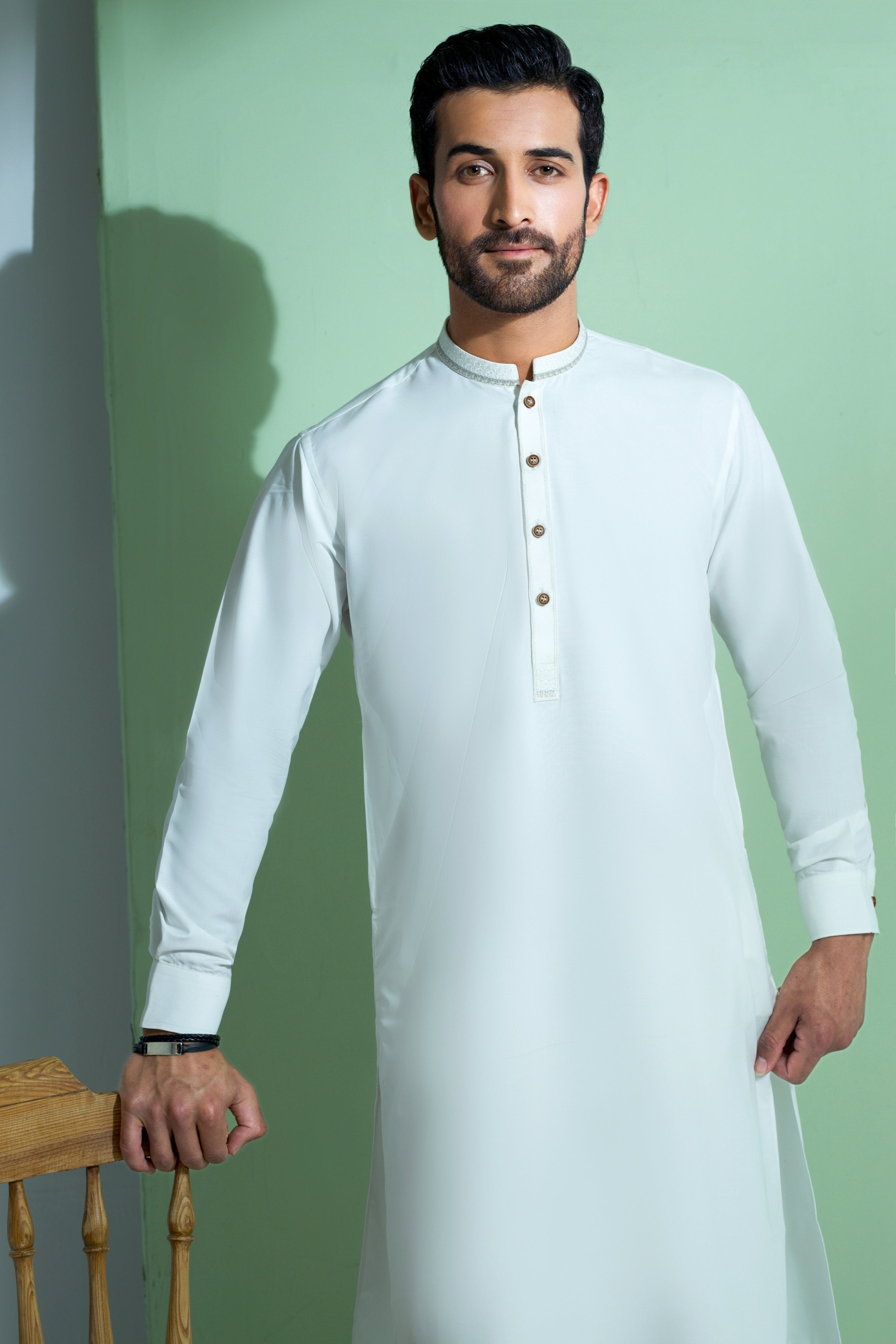 WASH N WEAR FABRIC WITH EMBROIDERED COLLAR  SHALWAR QAMEEZ 25021 OFFWHITE