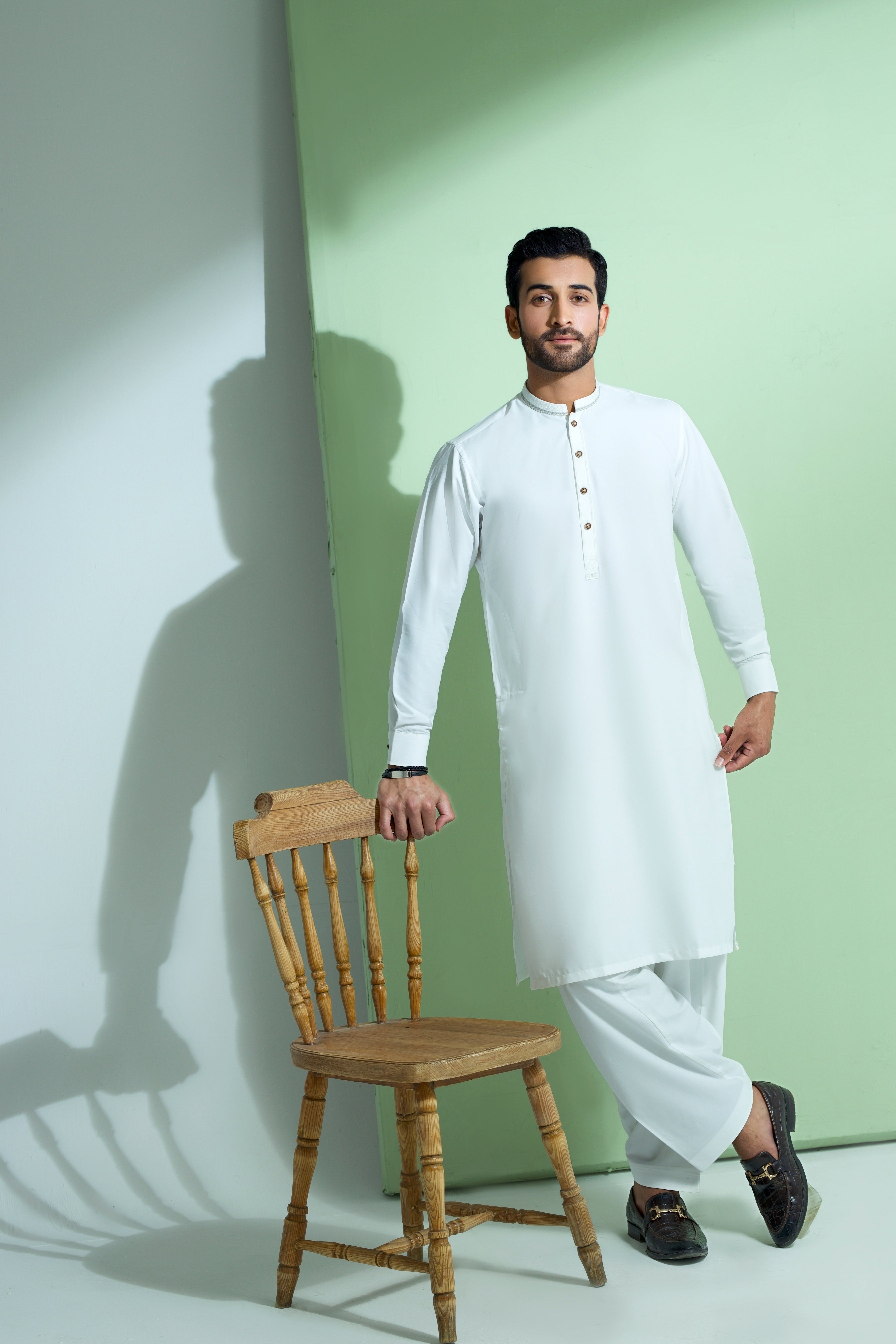 WASH N WEAR FABRIC WITH EMBROIDERED COLLAR  SHALWAR QAMEEZ 25021 OFFWHITE