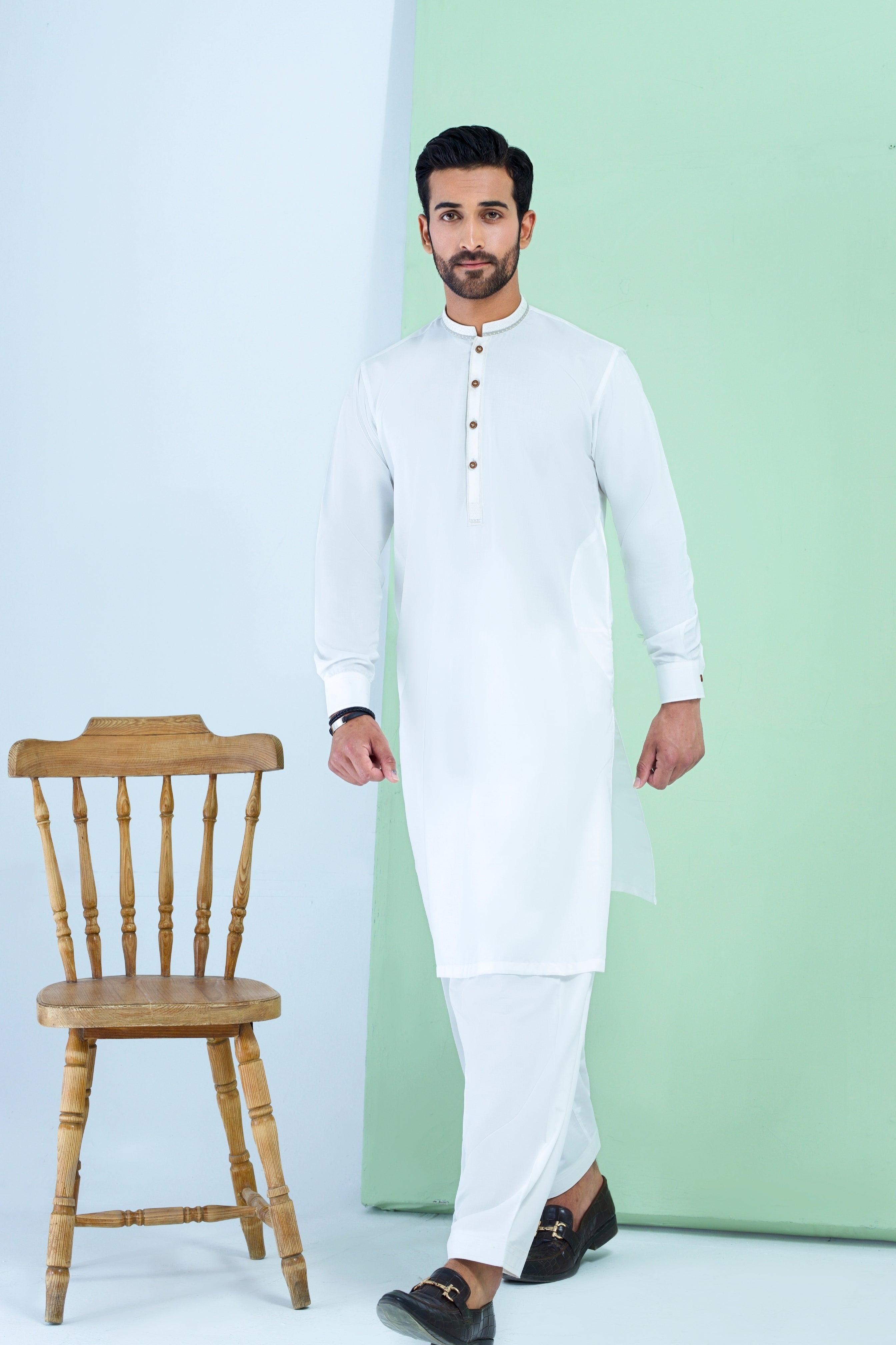 WASH N WEAR FABRIC WITH EMBROIDERED COLLAR  SHALWAR QAMEEZ 25021 OFFWHITE
