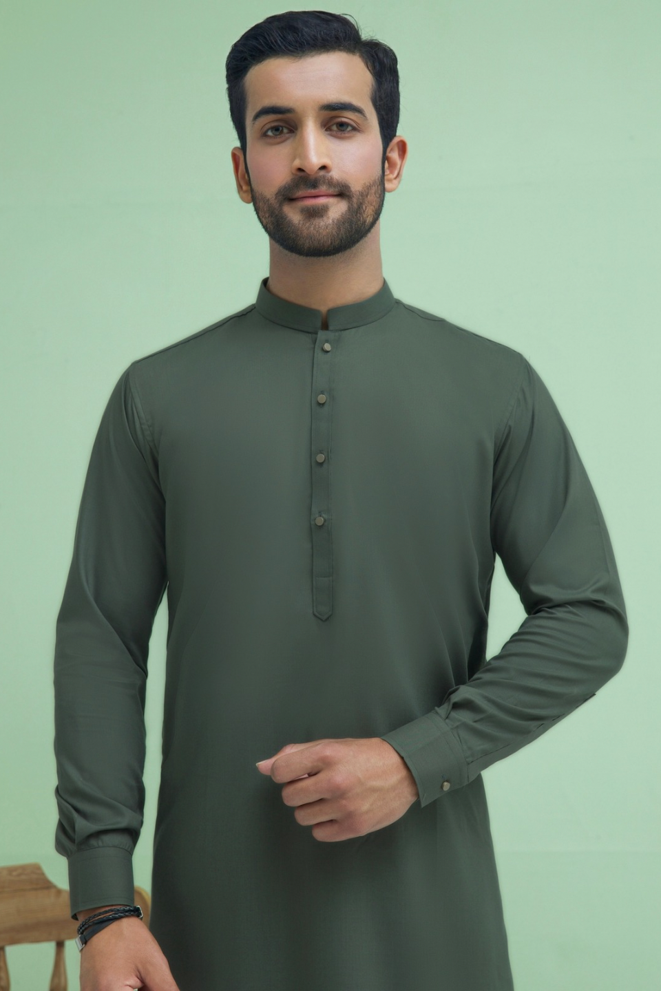 WASH N WEAR FABRIC KURTA PYJAMA OLIVE 25019