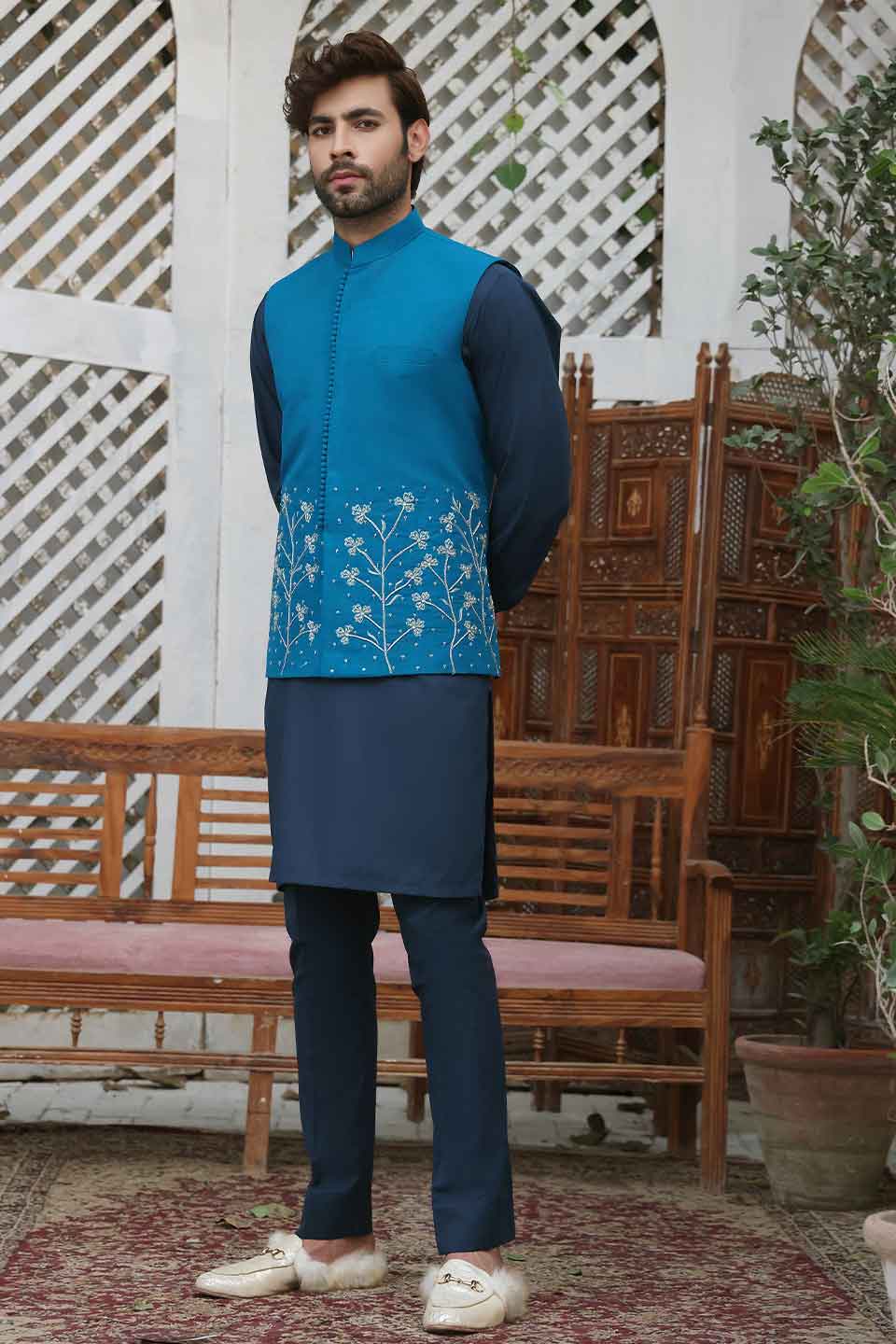 WAIST COAT Blue Raw silk