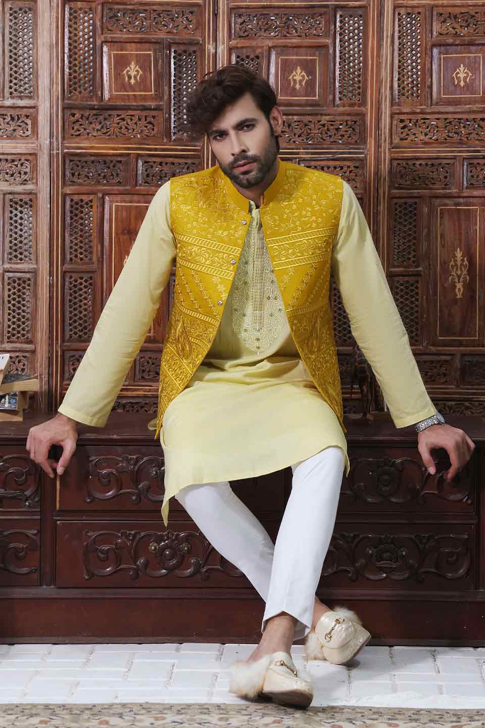 WAIST COAT Yellow Resham Floral Embroidery