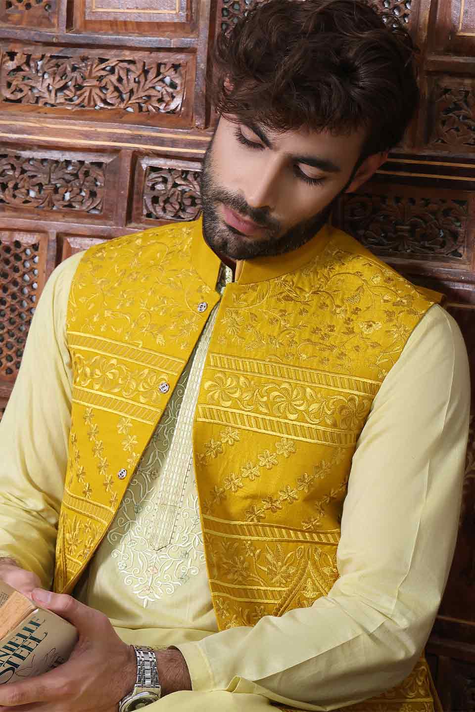 WAIST COAT Yellow Resham Floral Embroidery