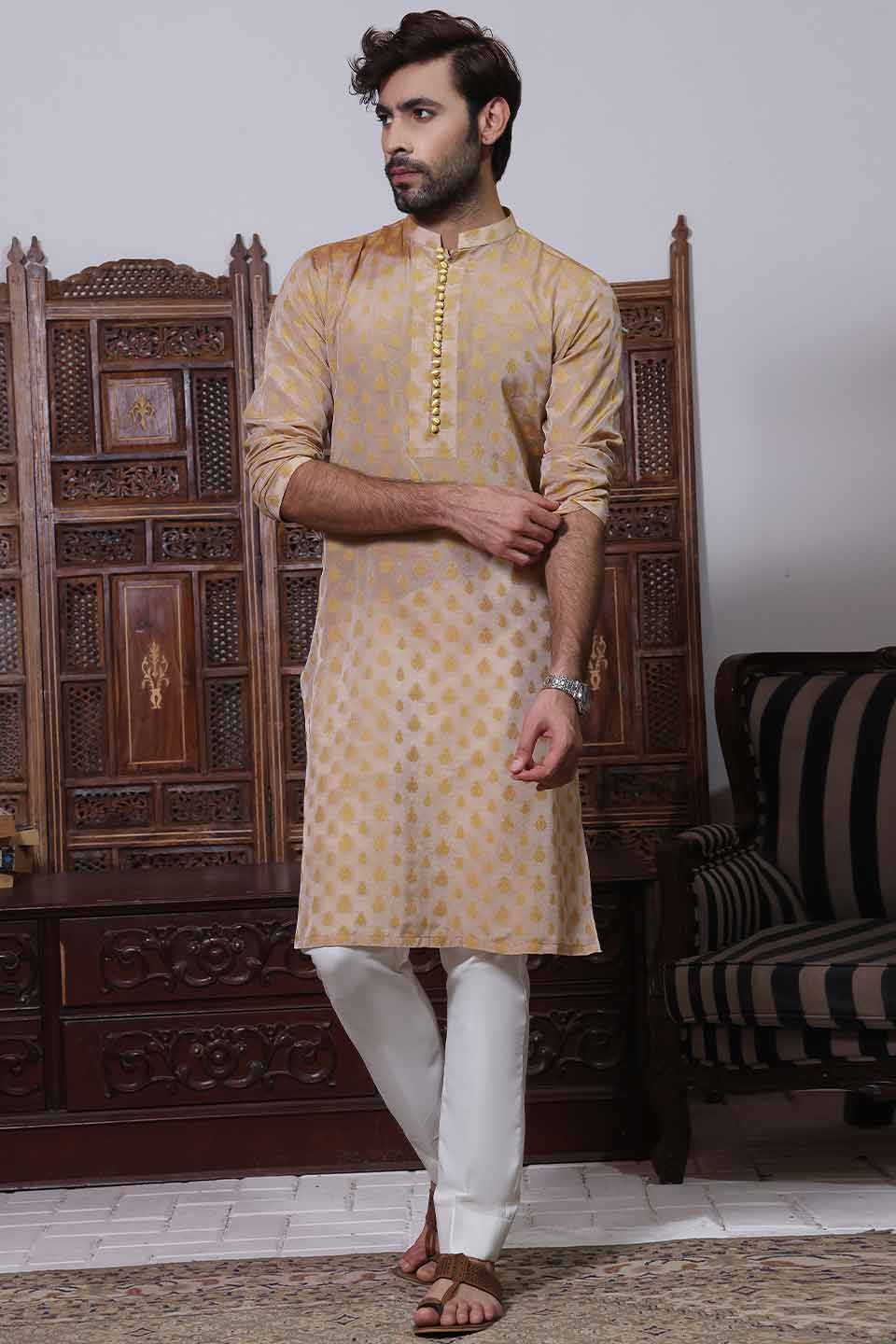 FANCY KURTA Karandi Self Print Moti Buttons